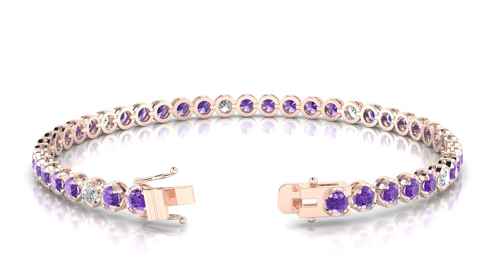 Bengal 5-1 | 18k Rose Gold 3 mm Round Natural Amethyst & Diamond 17 cm Tennis Bracelet