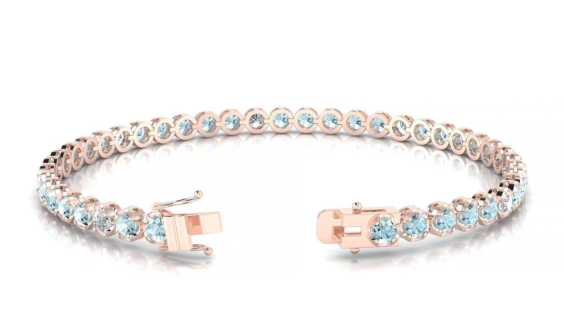 Bengal 5-1 | 18k Rose Gold 3 mm Round Natural Aquamarine & Diamond 15 cm Tennis Bracelet