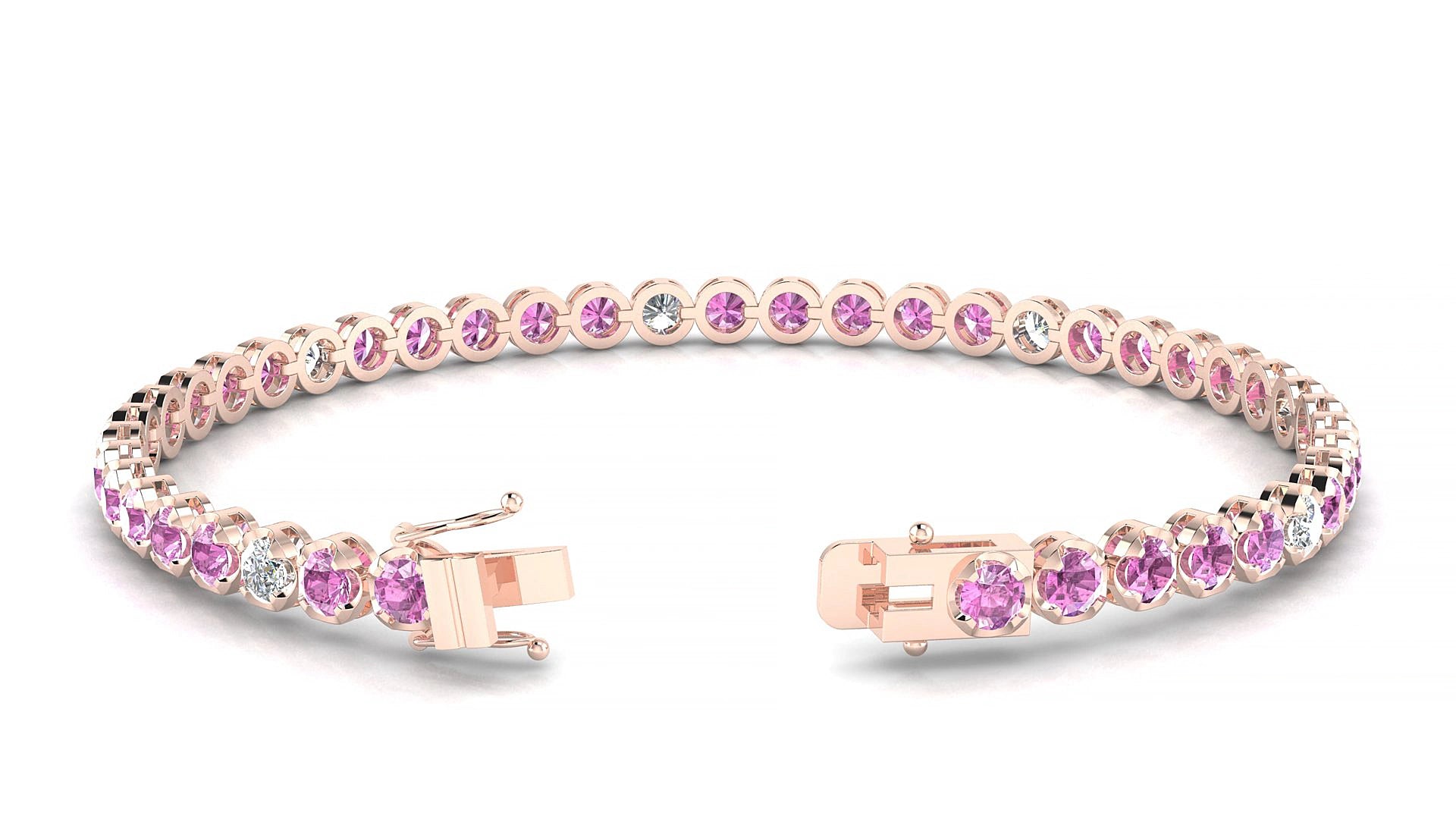 Bengal 5-1 | 18k Rose Gold 3 mm Round Natural Pink Sapphire & Diamond 15 cm Tennis Bracelet