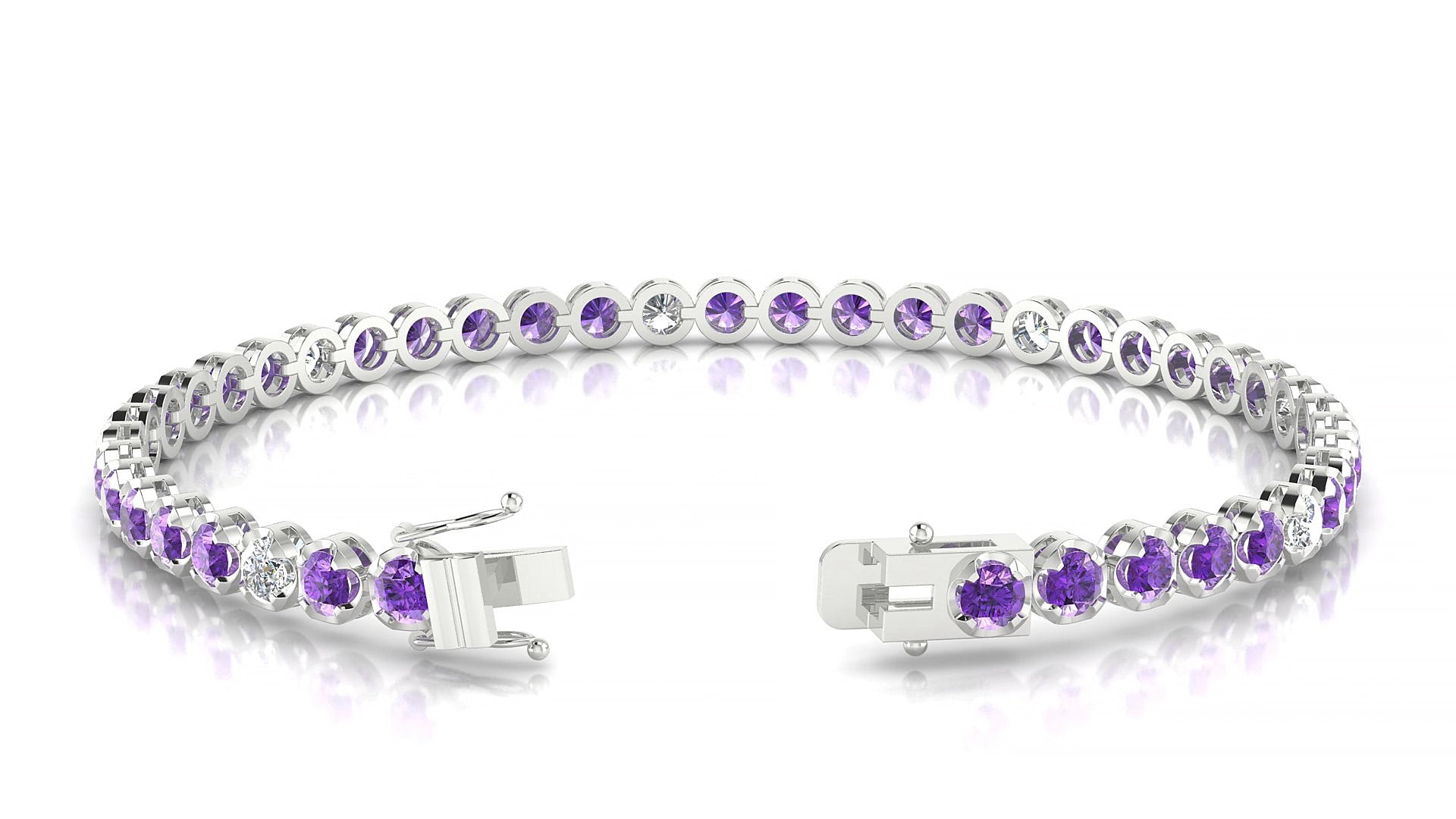 Bengal 5-1 | 18k White Gold 3 mm Round Natural Amethyst & Diamond 20 cm Tennis Bracelet