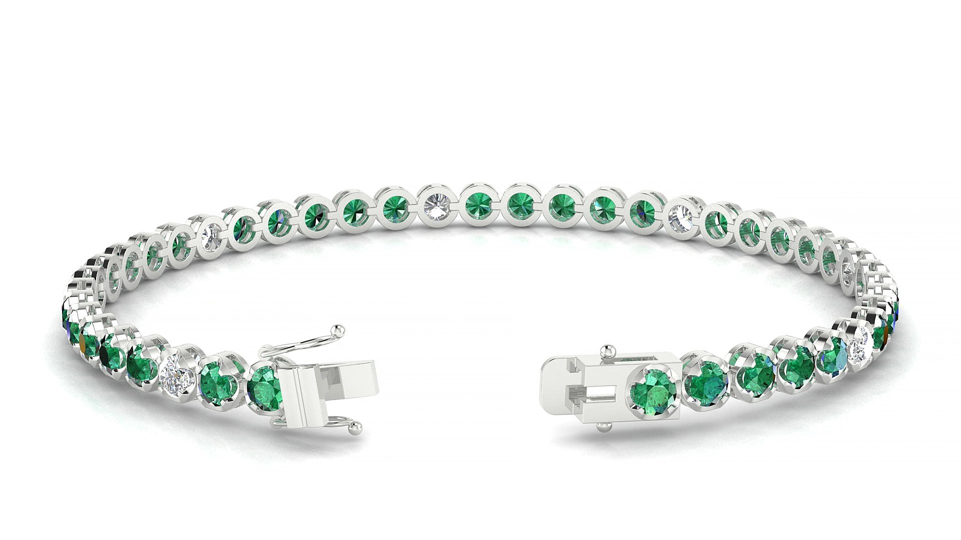 Bengal 5-1 | 18k White Gold 3 mm Round Natural Emerald & Diamond 18 cm Tennis Bracelet
