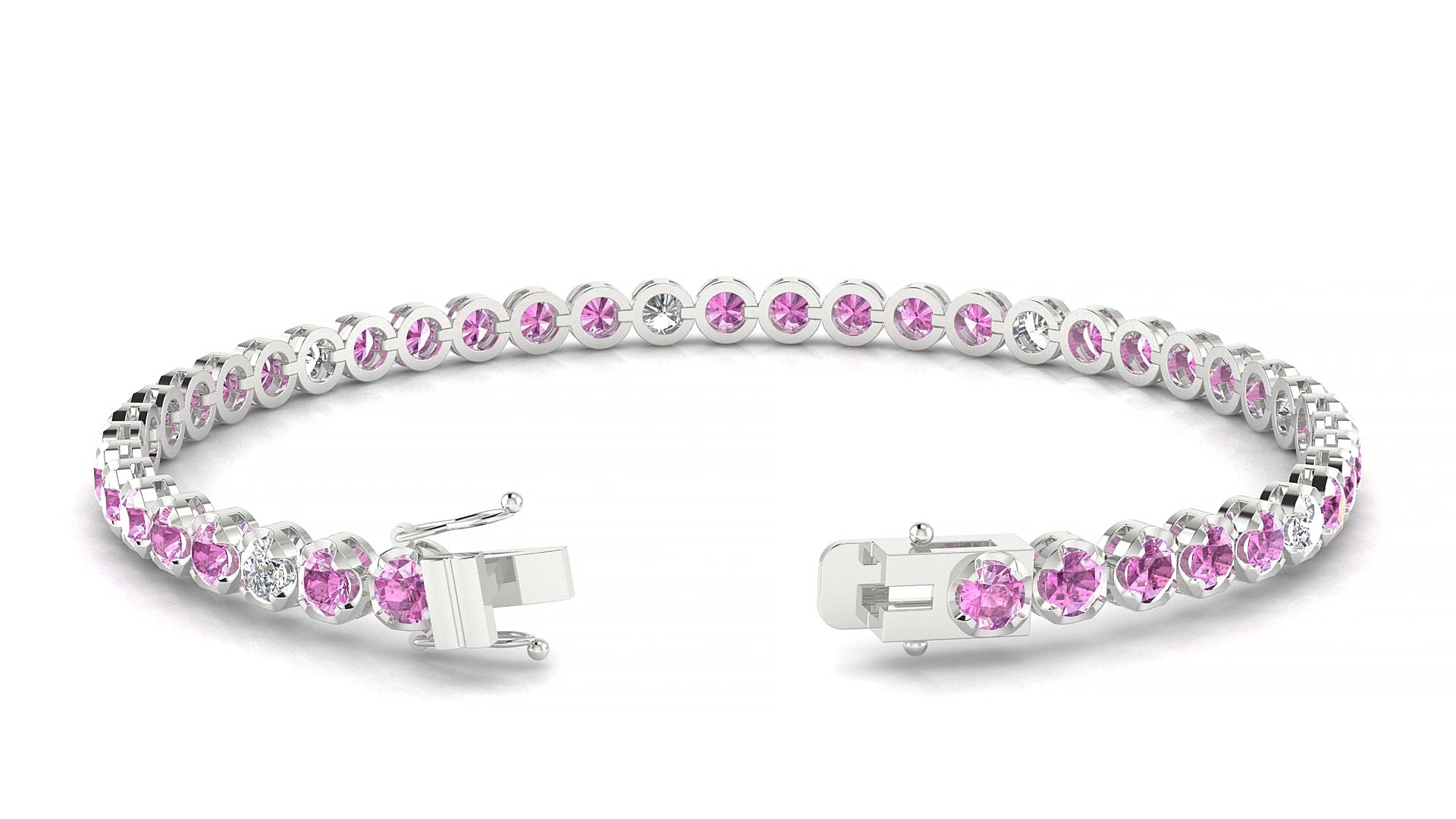 Bengal 5-1 | 18k White Gold 3 mm Round Natural Pink Sapphire & Diamond 15 cm Tennis Bracelet