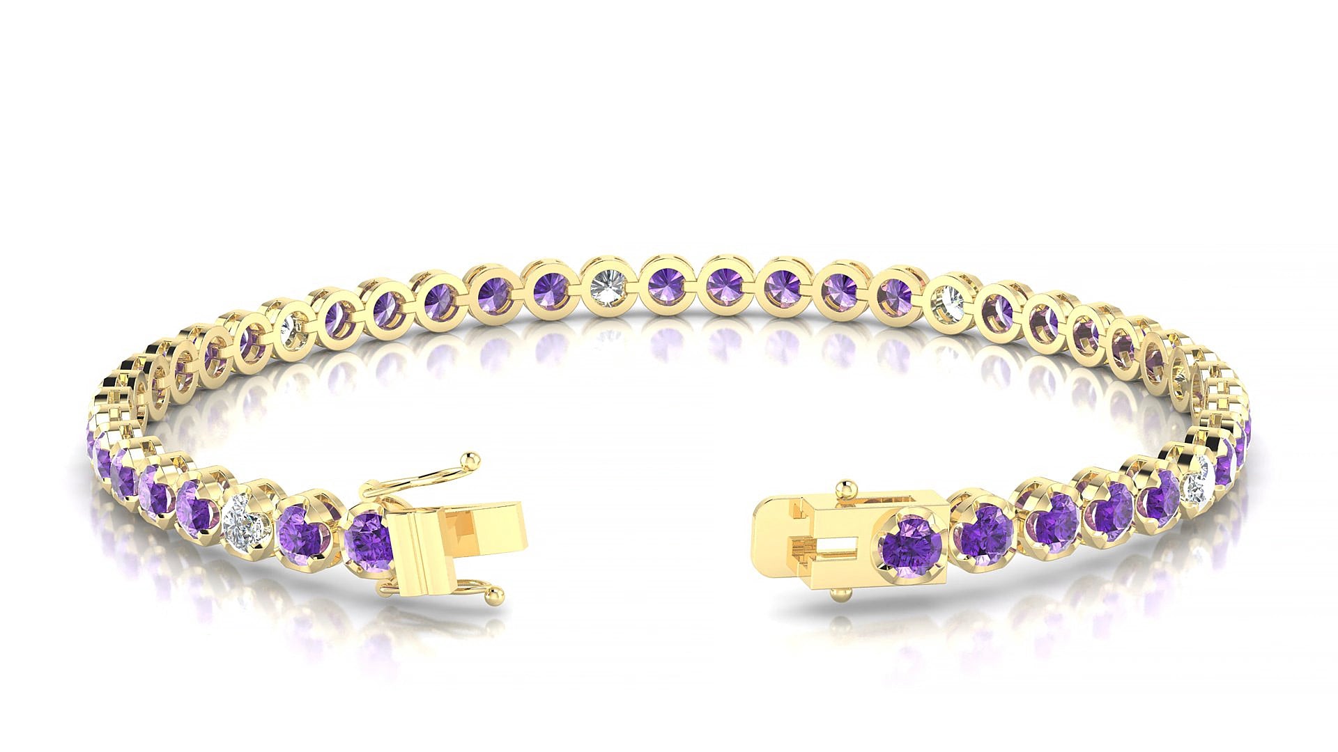 Bengal 5-1 | 18k Yellow Gold 3 mm Round Natural Amethyst & Diamond 20 cm Tennis Bracelet