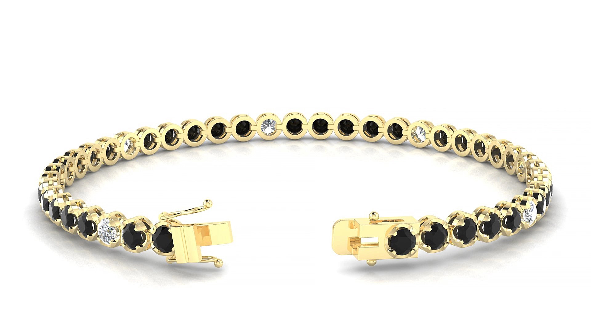 Bengal 5-1 | 18k Yellow Gold 3 mm Round Natural Black Diamond & Diamond 15 cm Tennis Bracelet