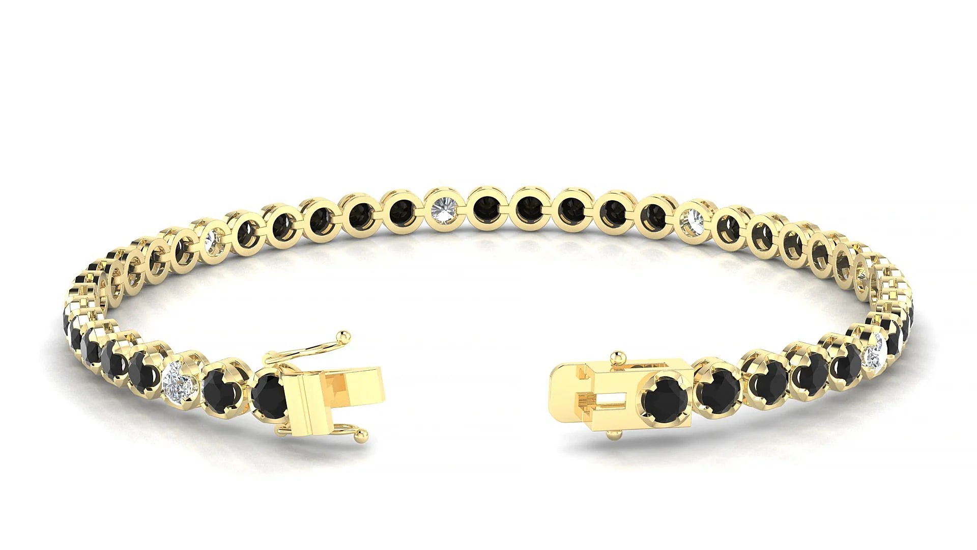 Bengal 5-1 | 18k Yellow Gold 3 mm Round Natural Black Diamond & Diamond Tennis Bracelet