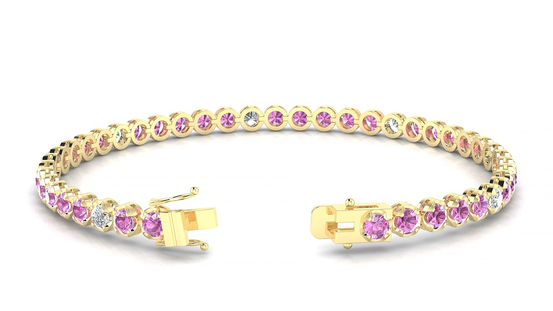 Bengal 5-1 | 18k Yellow Gold 3 mm Round Natural Pink Sapphire & Diamond 15 cm Tennis Bracelet