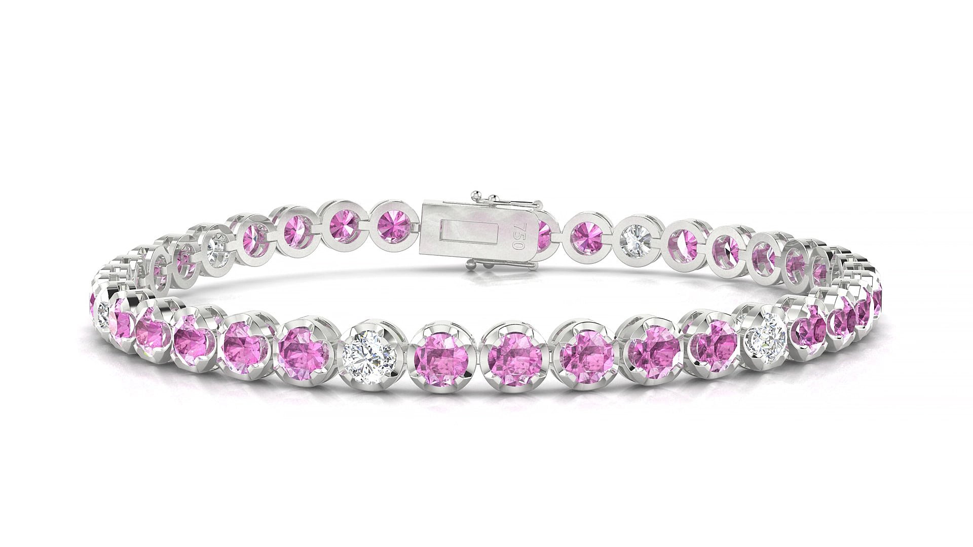 Bengal 5-1 | 18k White Gold 3.4 mm Round Natural Pink Sapphire & Diamond 15 cm Tennis Bracelet