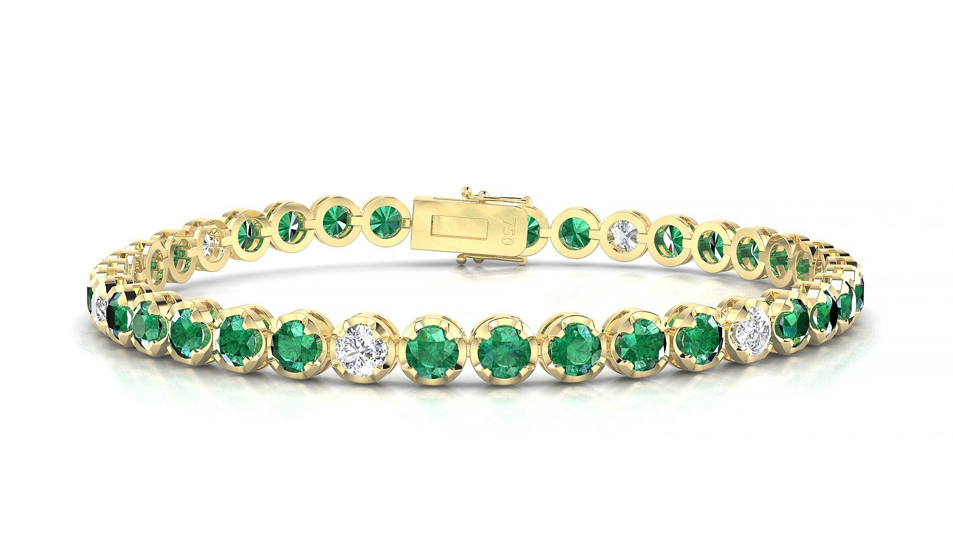 Bengal 5-1 | 18k Yellow Gold 3.4 mm Round Natural Emerald & Diamond 15 cm Tennis Bracelet