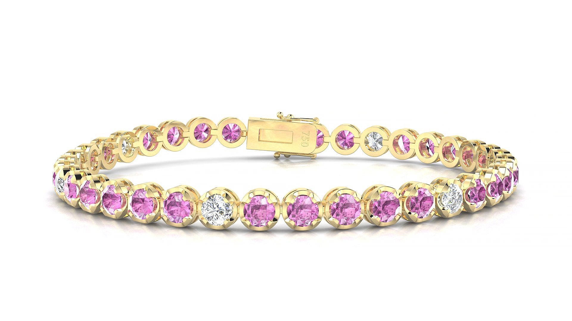 Bengal 5-1 | 18k Yellow Gold 3.4 mm Round Natural Pink Sapphire & Diamond 18 cm Tennis Bracelet