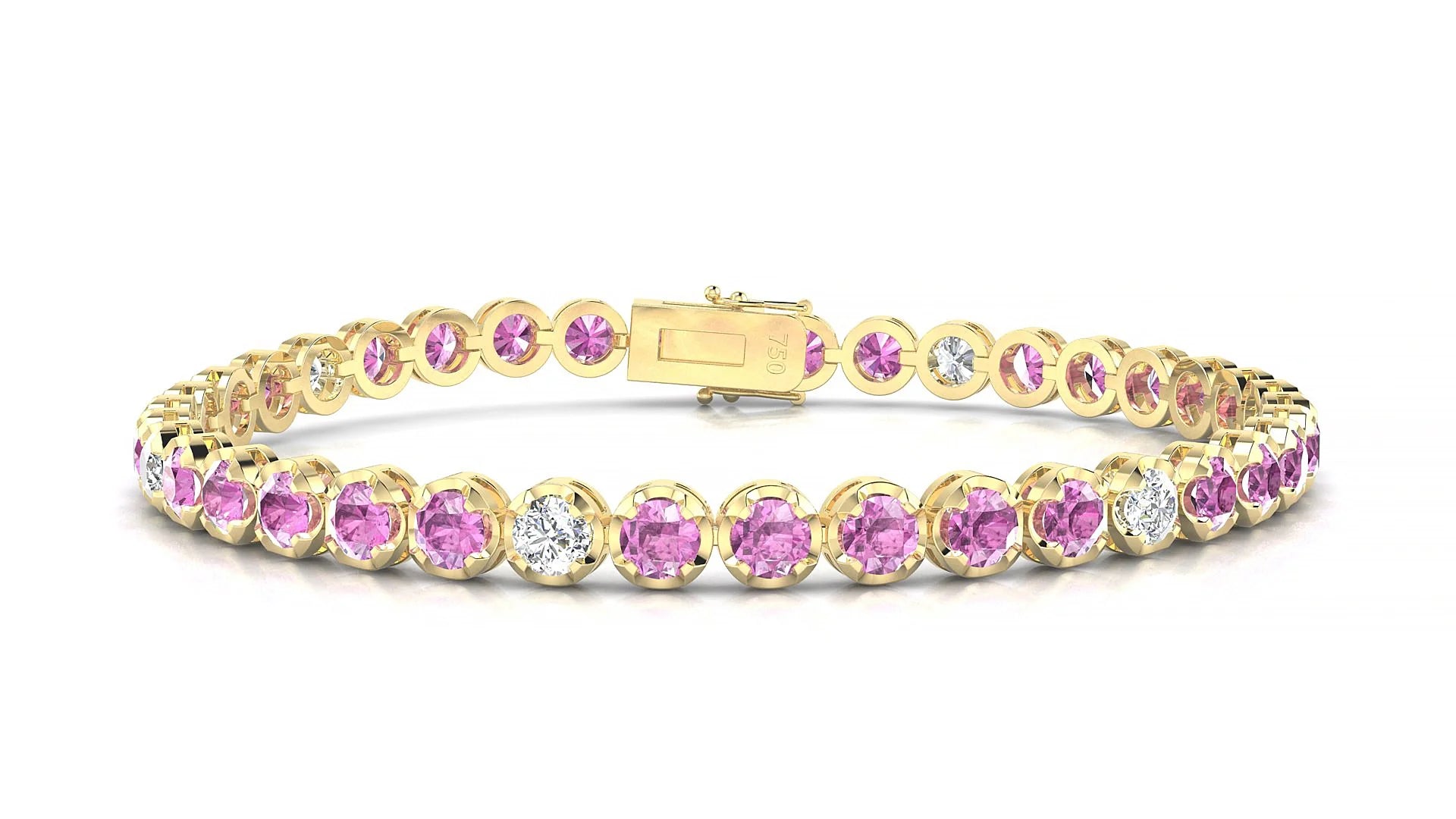 Bengal 5-1 | 18k Yellow Gold 3.4 mm Round Natural Pink Sapphire & Diamond Tennis Bracelet