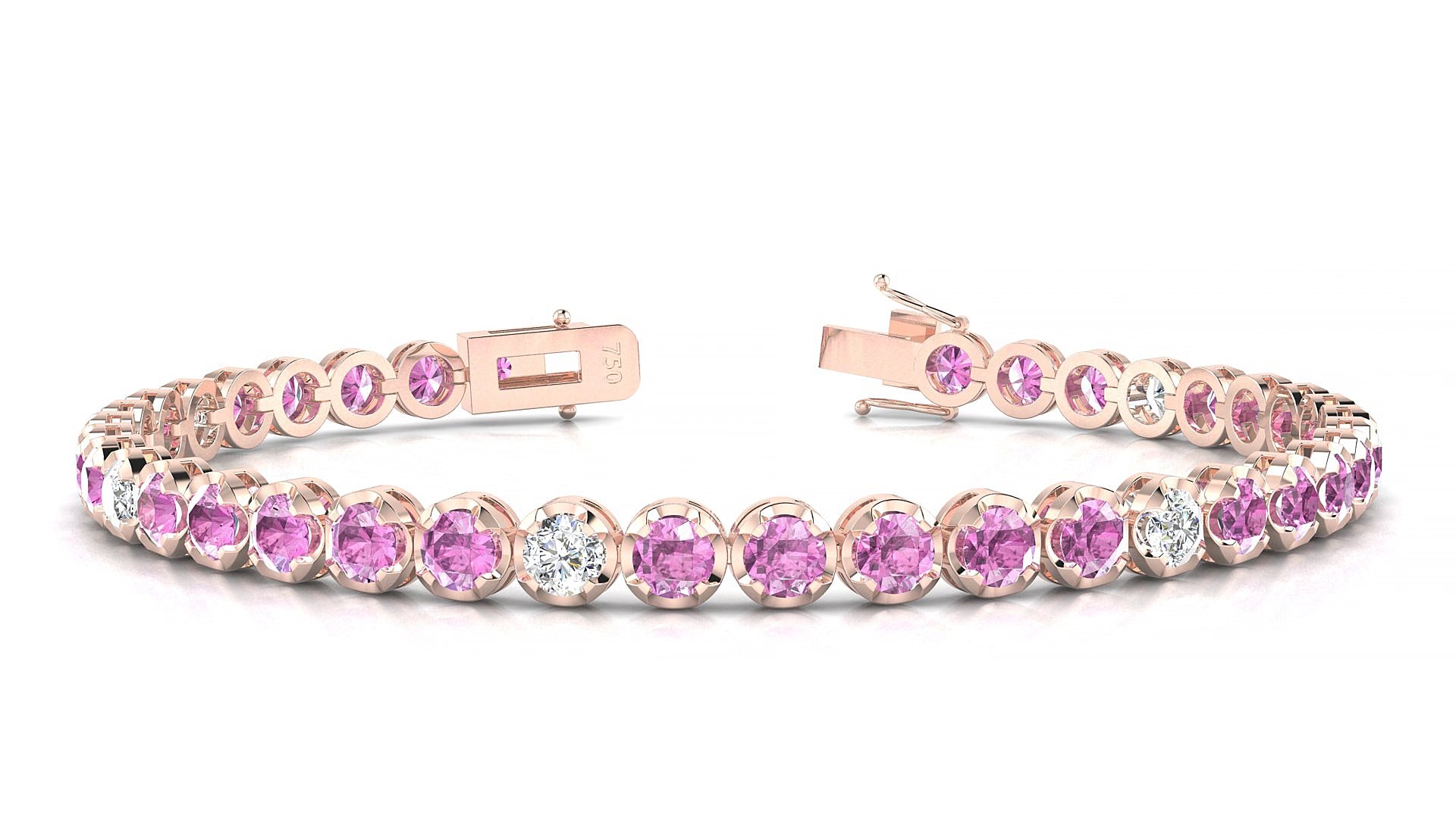 Bengal 5-1 | 18k Rose Gold 3.4 mm Round Natural Pink Sapphire & Diamond 15 cm Tennis Bracelet