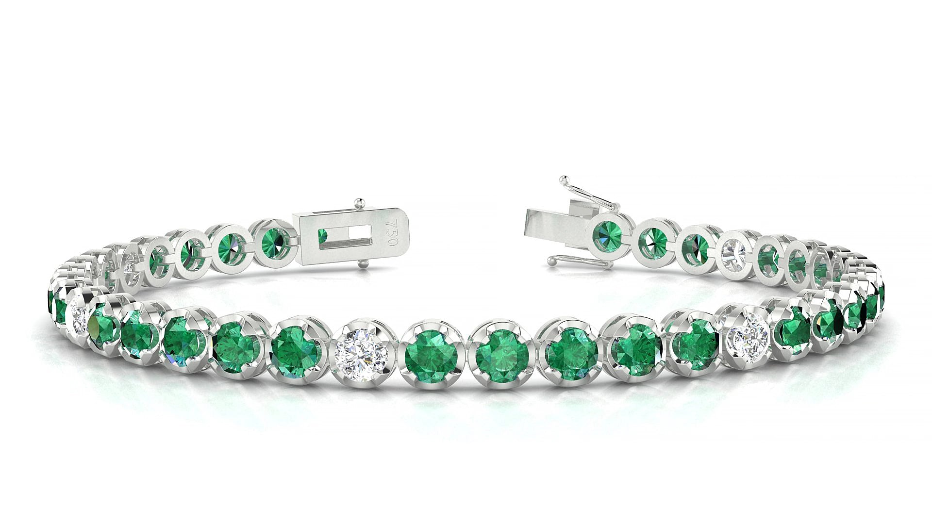 Bengal 5-1 | 18k White Gold 3.4 mm Round Natural Emerald & Diamond 15 cm Tennis Bracelet