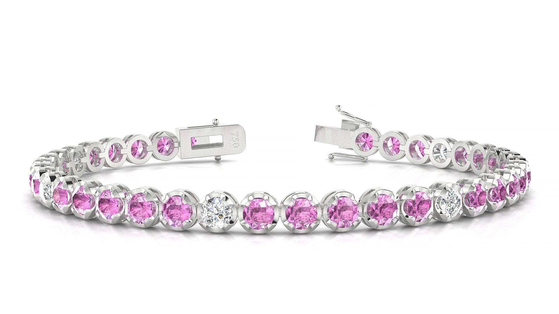 Bengal 5-1 | 18k White Gold 3.4 mm Round Natural Pink Sapphire & Diamond 15 cm Tennis Bracelet