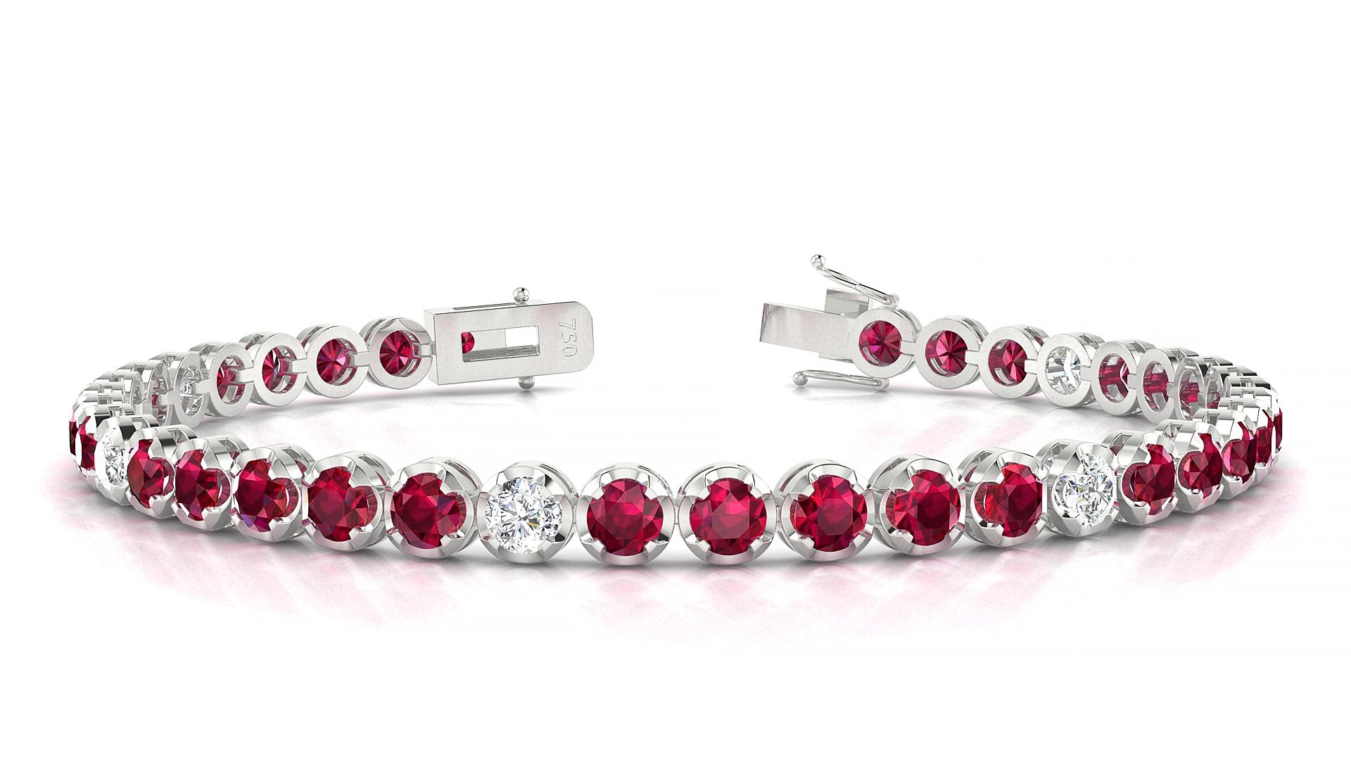 Bengal 5-1 | 18k White Gold 3.4 mm Round Natural Ruby & Diamond 17 cm Tennis Bracelet
