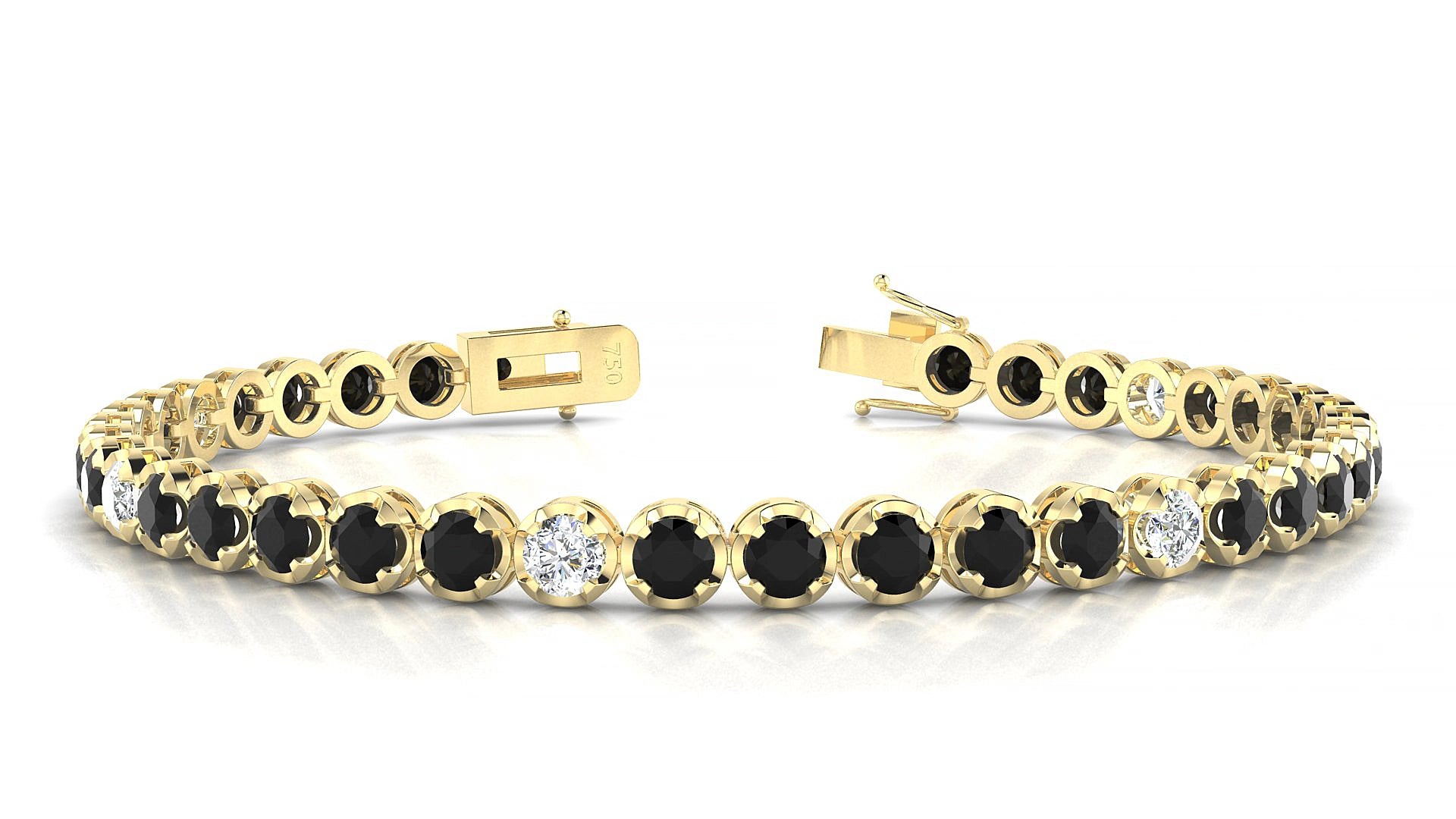Bengal 5-1 | 18k Yellow Gold 3.4 mm Round Natural Black Diamond & Diamond 20 cm Tennis Bracelet
