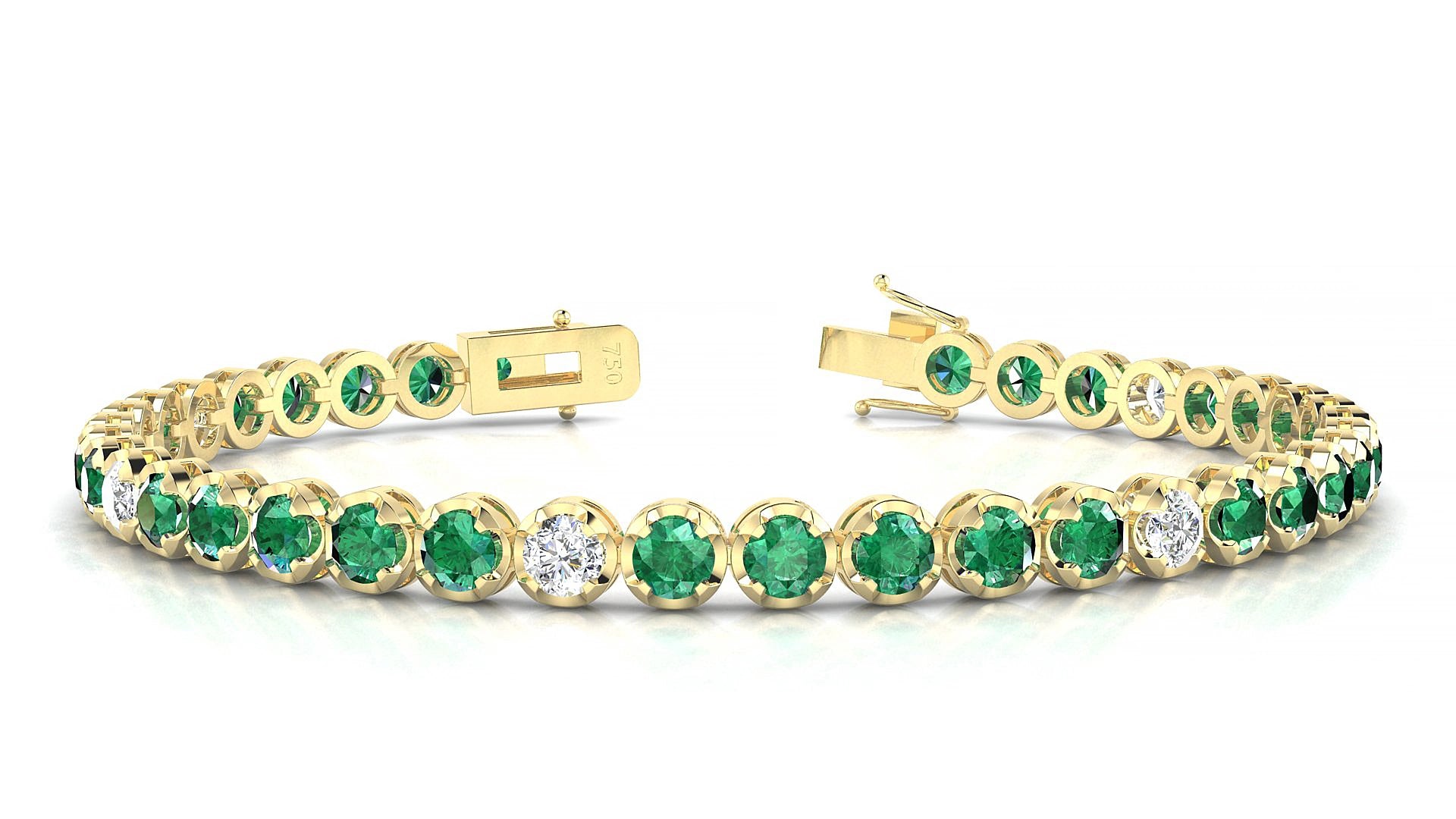 Bengal 5-1 | 18k Yellow Gold 3.4 mm Round Natural Emerald & Diamond 15 cm Tennis Bracelet