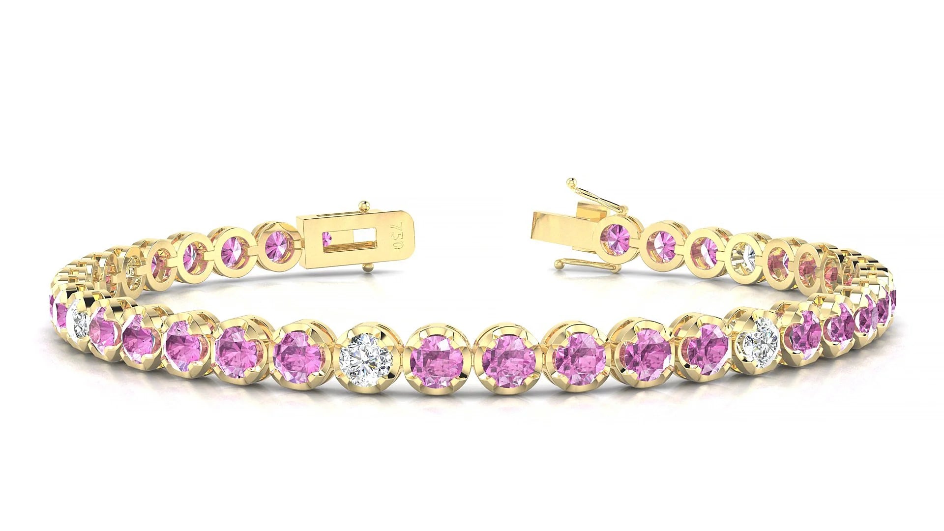 Bengal 5-1 | 18k Yellow Gold 3.4 mm Round Natural Pink Sapphire & Diamond Tennis Bracelet