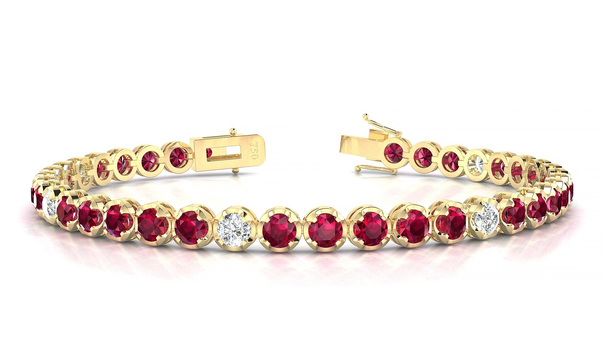 Bengal 5-1 | 18k Yellow Gold 3.4 mm Round Natural Ruby & Diamond 17 cm Tennis Bracelet