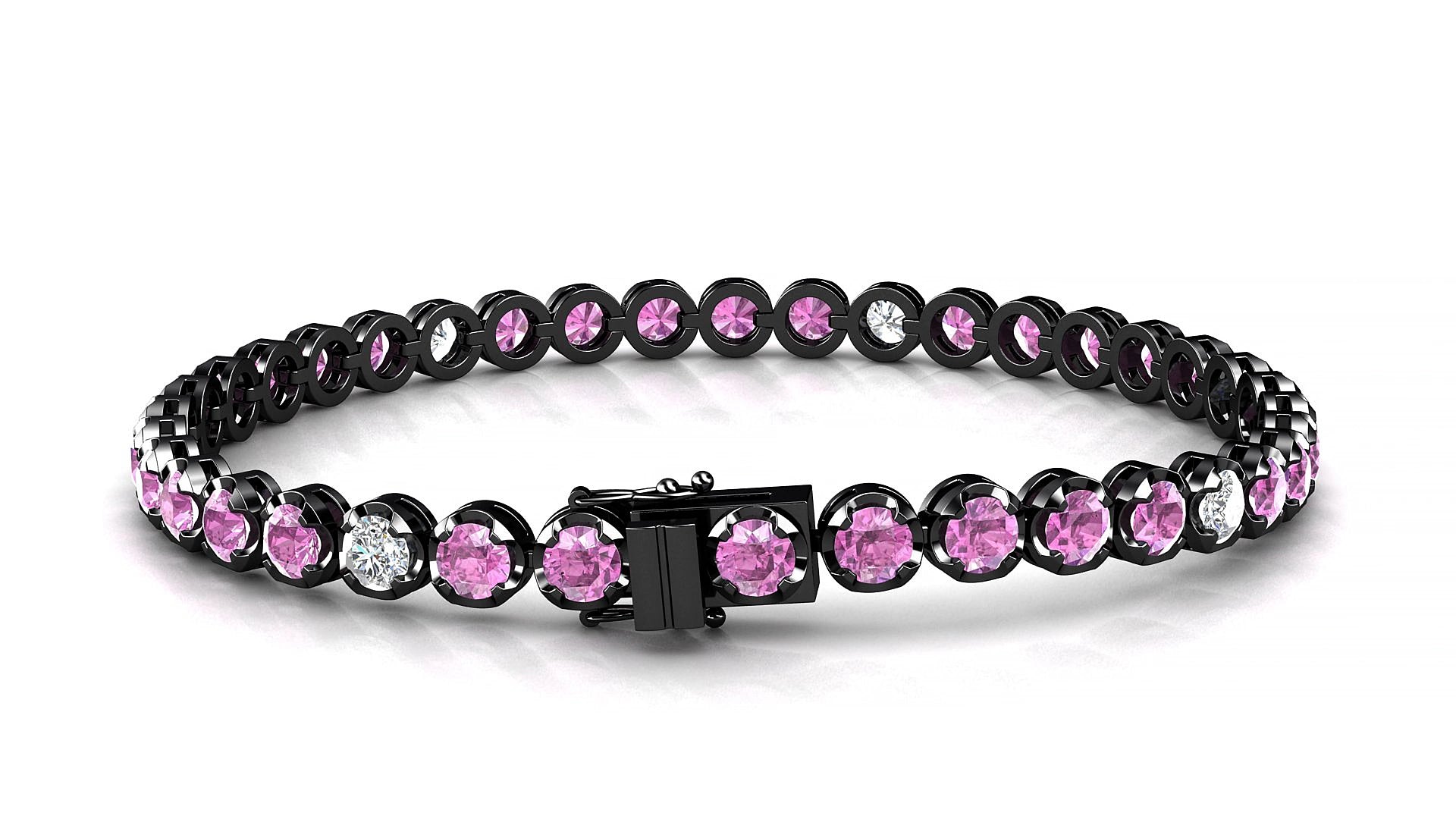 Bengal 5-1 | 18k Black Gold 3.4 mm Round Natural Pink Sapphire & Diamond 15 cm Tennis Bracelet
