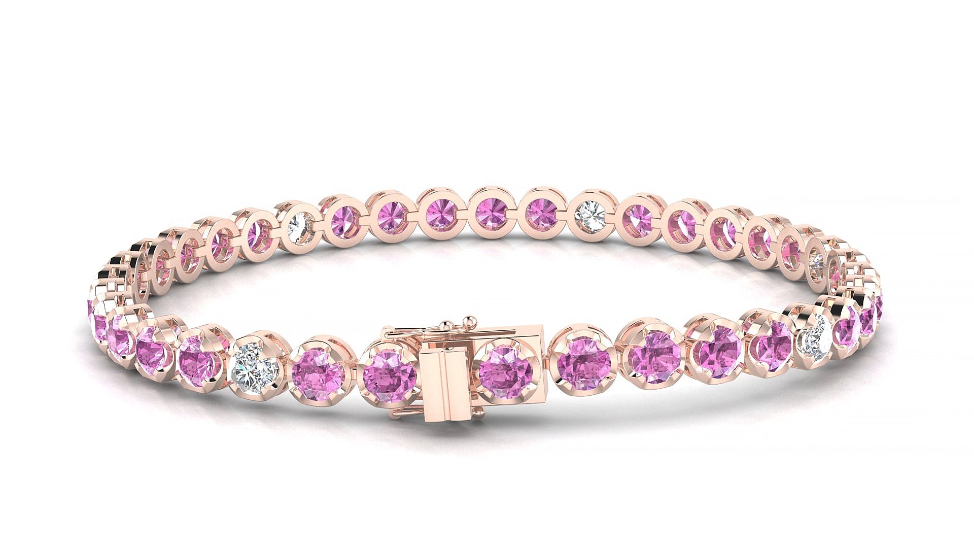 Bengal 5-1 | 18k Rose Gold 3.4 mm Round Natural Pink Sapphire & Diamond 15 cm Tennis Bracelet