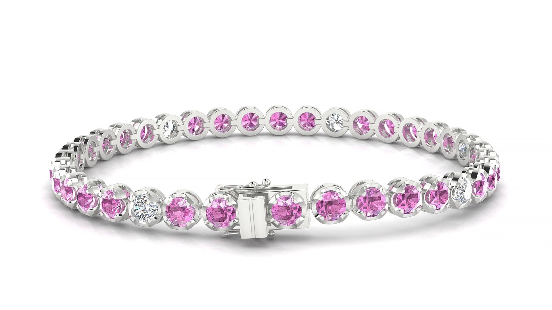 Bengal 5-1 | 18k White Gold 3.4 mm Round Natural Pink Sapphire & Diamond 15 cm Tennis Bracelet