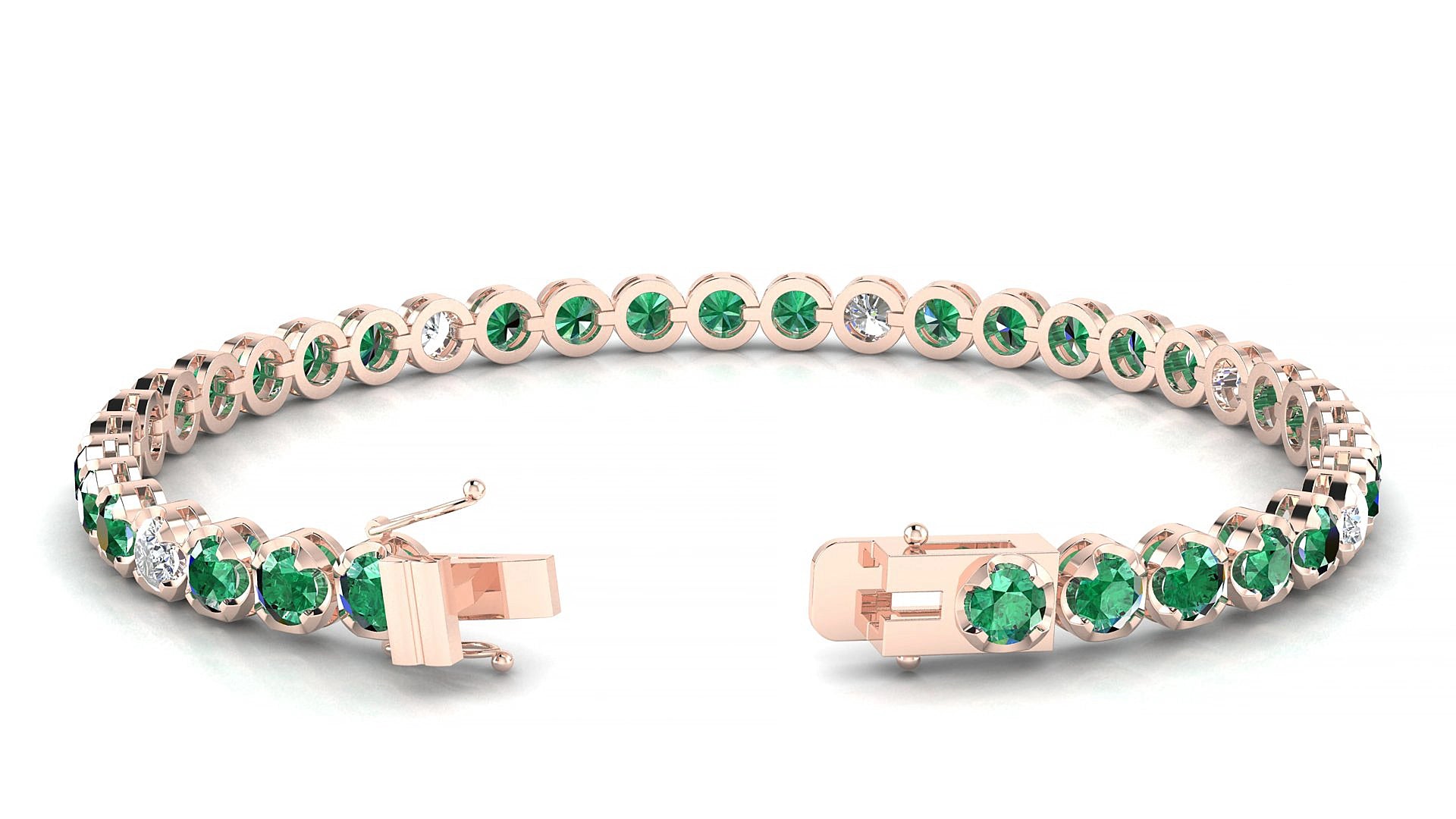 Bengal 5-1 | 18k Rose Gold 3.4 mm Round Natural Emerald & Diamond 15 cm Tennis Bracelet