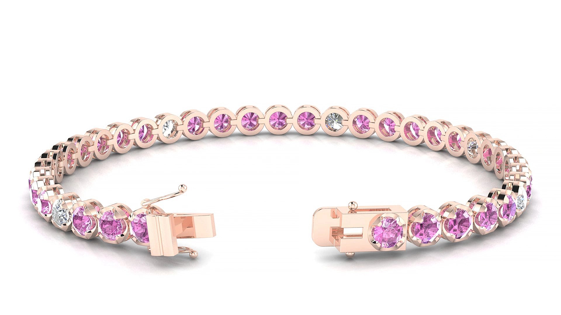 Bengal 5-1 | 18k Rose Gold 3.4 mm Round Natural Pink Sapphire & Diamond 15 cm Tennis Bracelet