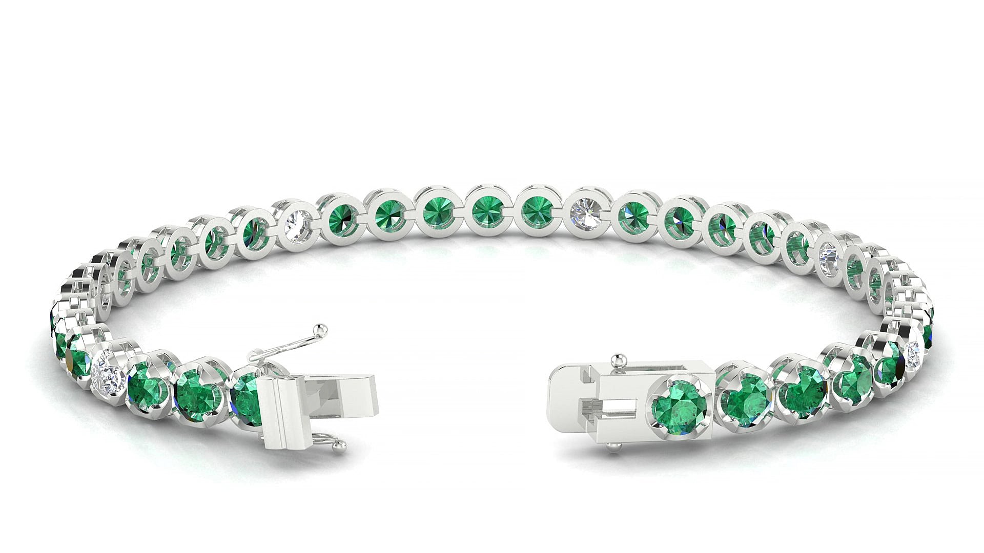 Bengal 5-1 | 18k White Gold 3.4 mm Round Natural Emerald & Diamond 15 cm Tennis Bracelet