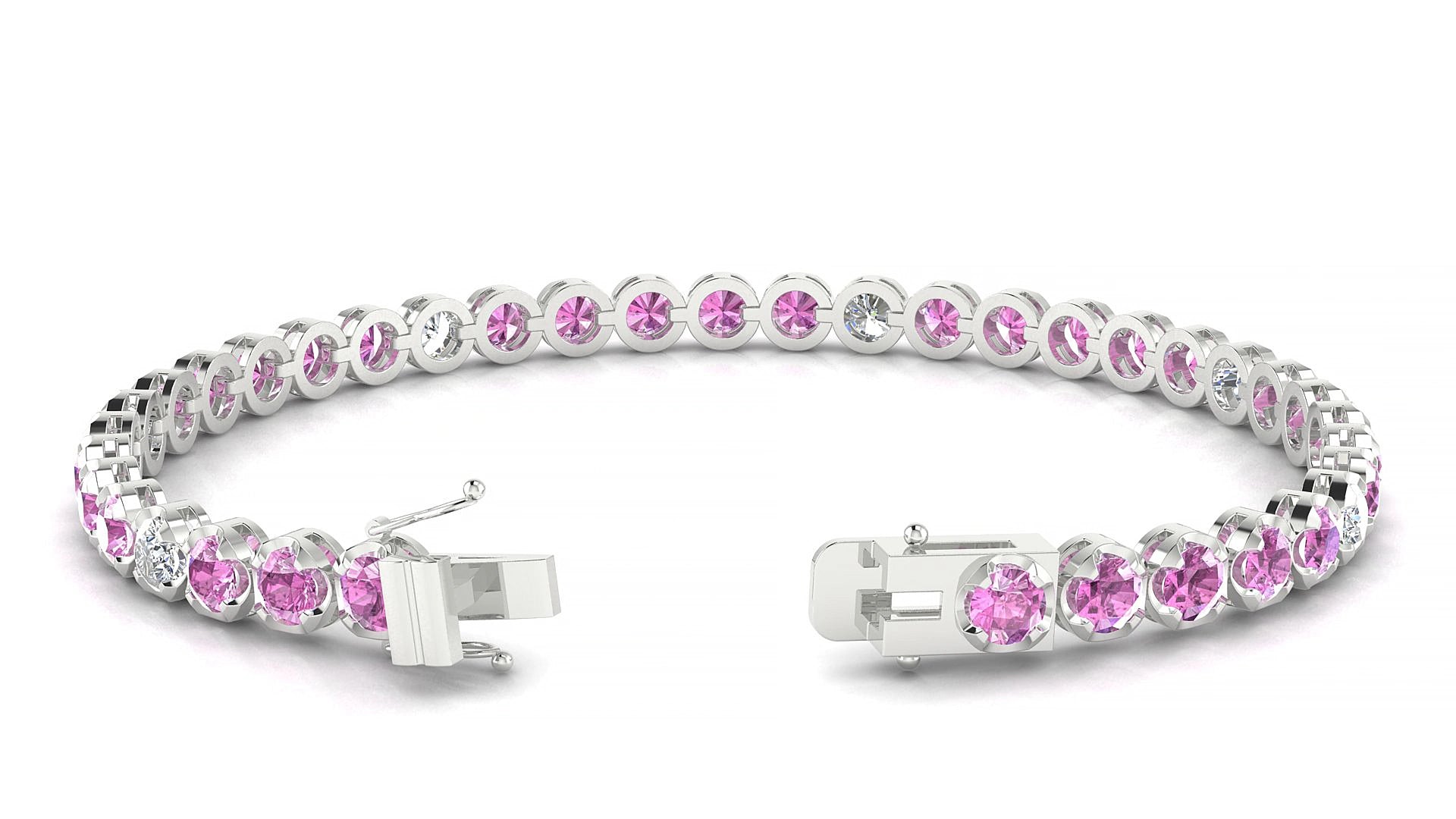 Bengal 5-1 | 18k White Gold 3.4 mm Round Natural Pink Sapphire & Diamond 15 cm Tennis Bracelet