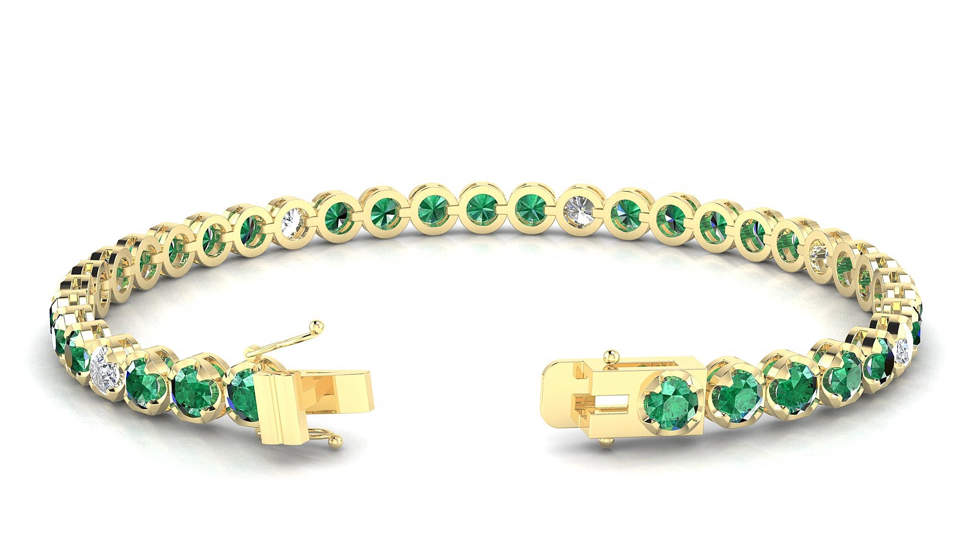 Bengal 5-1 | 18k Yellow Gold 3.4 mm Round Natural Emerald & Diamond 15 cm Tennis Bracelet