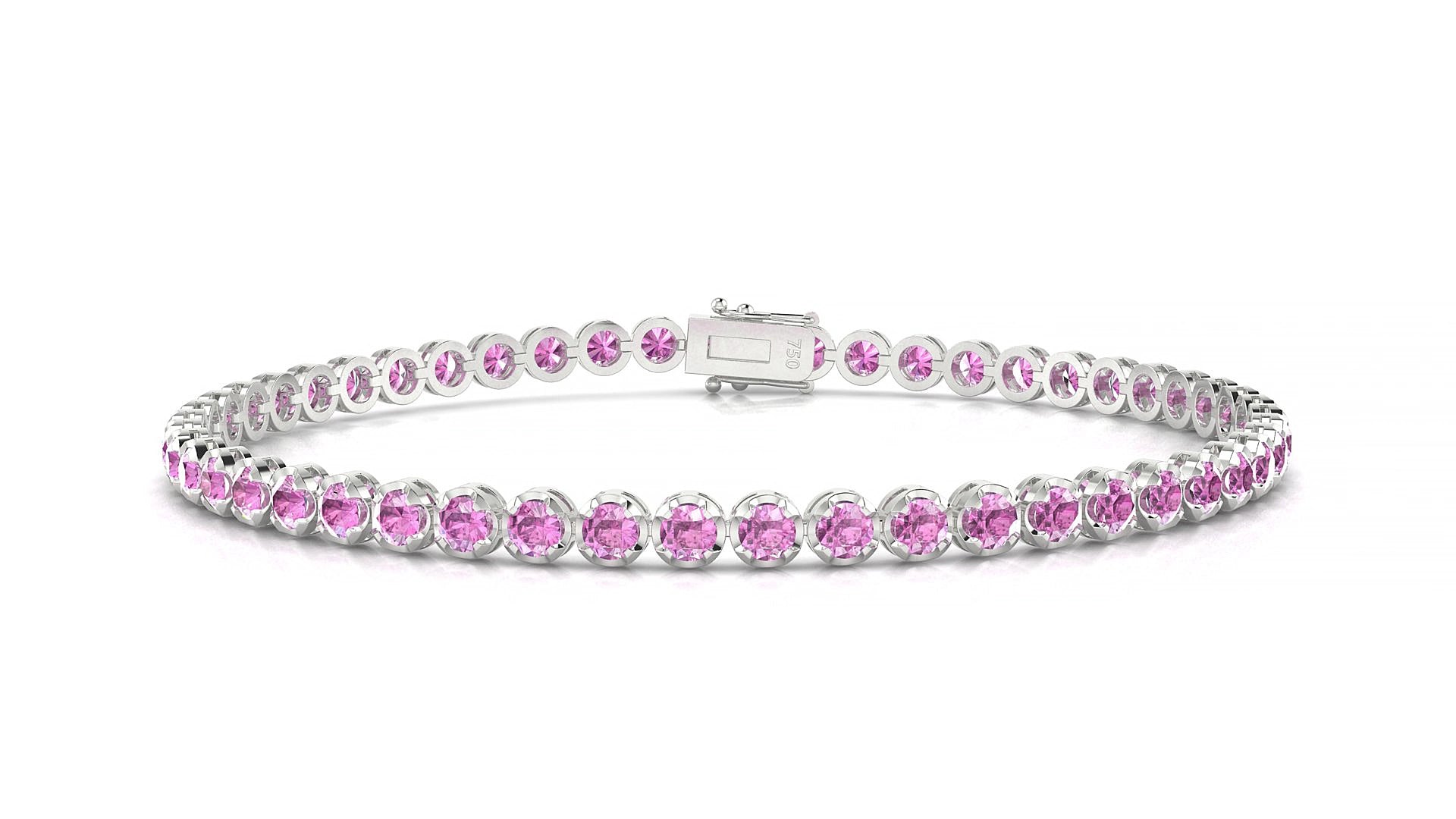 Bengal | 18k White Gold 2.5 mm Round Natural Pink Sapphire 15 cm Tennis Bracelet