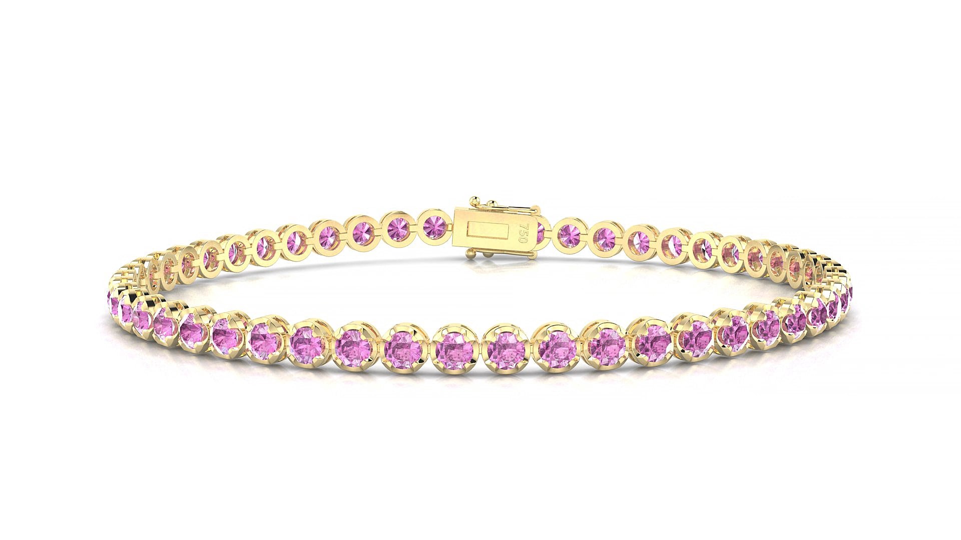 Bengal | 18k Yellow Gold 2.5 mm Round Natural Pink Sapphire 15 cm Tennis Bracelet