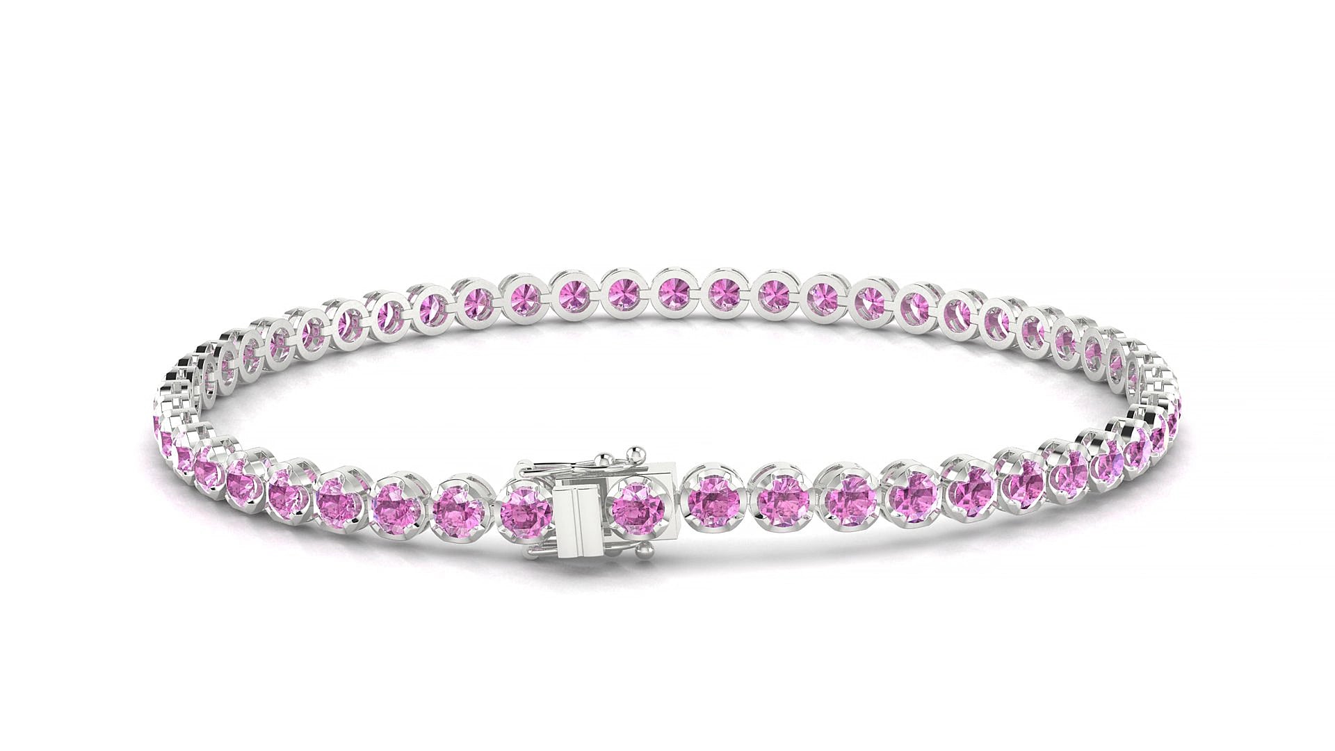 Bengal | 18k White Gold 2.5 mm Round Natural Pink Sapphire 17 cm Tennis Bracelet