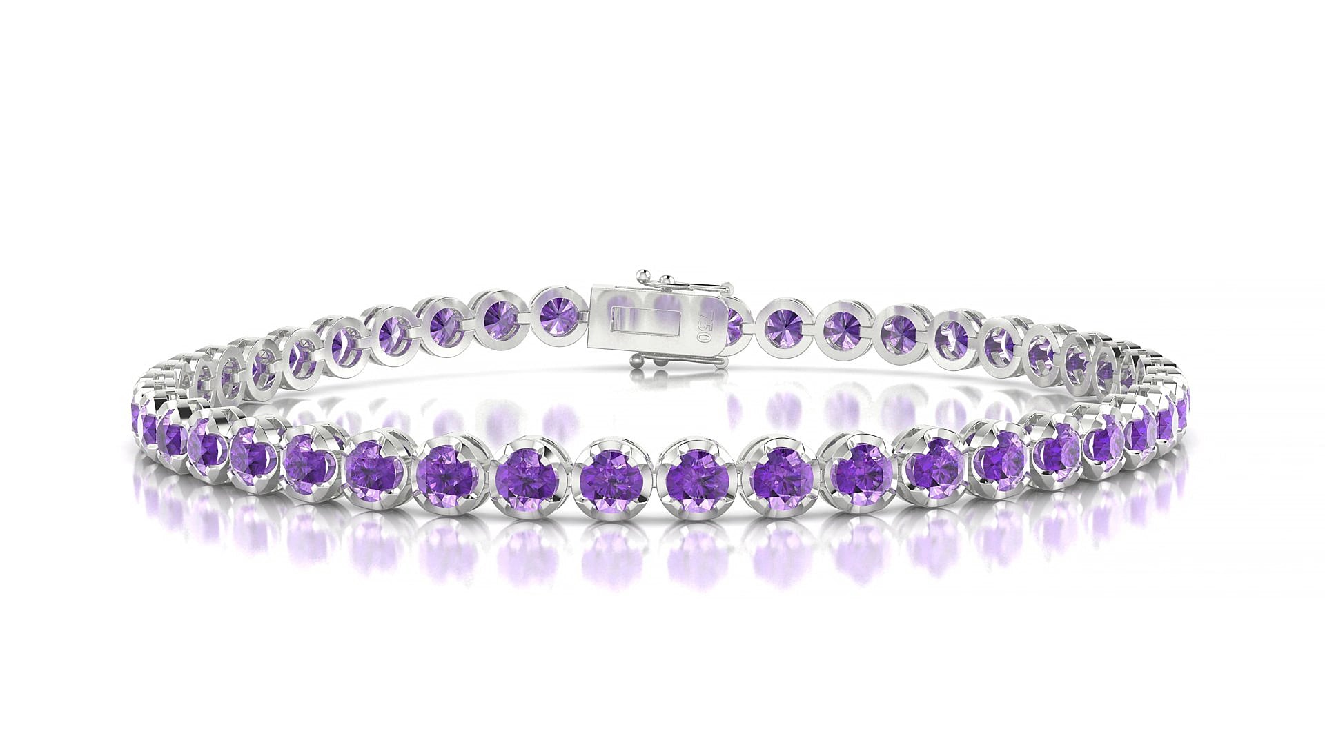 Bengal | 18k White Gold 3 mm Round Natural Amethyst 20 cm Tennis Bracelet