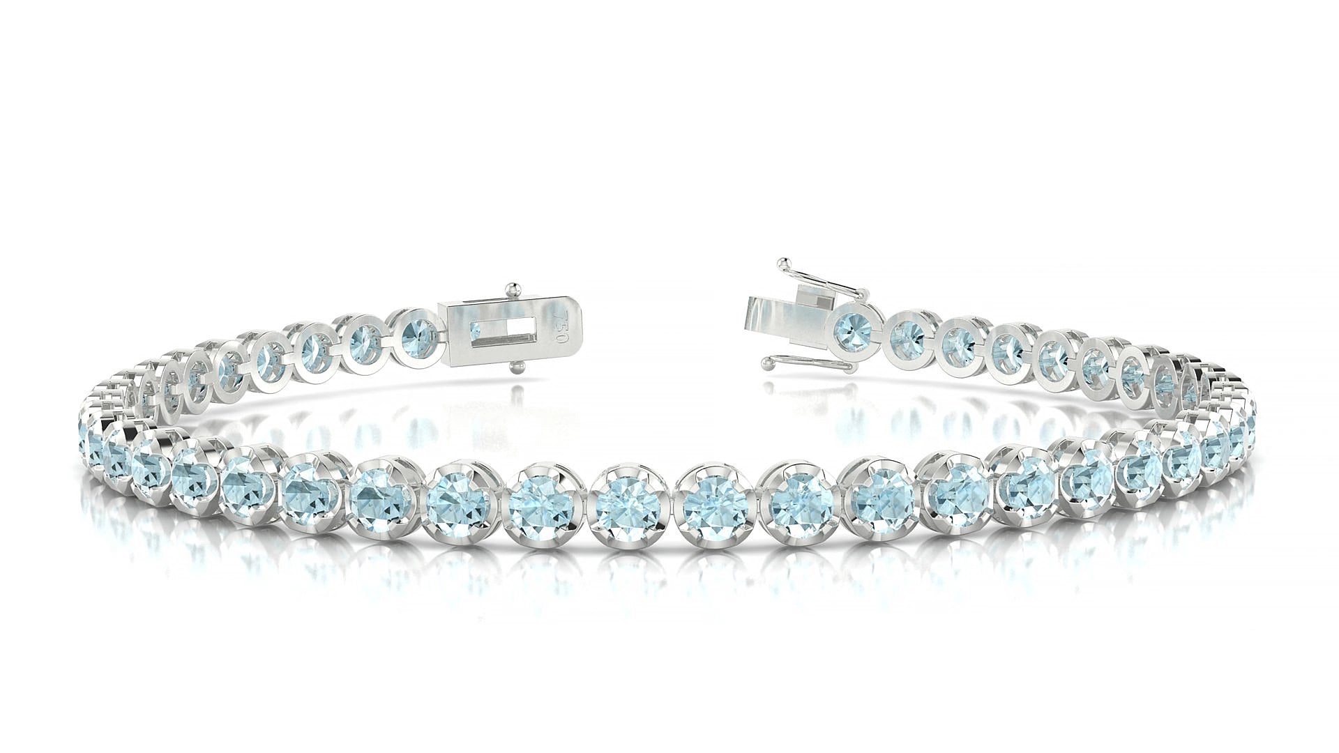 Bengal | 18k White Gold 3 mm Round Natural Aquamarine 15 cm Tennis Bracelet