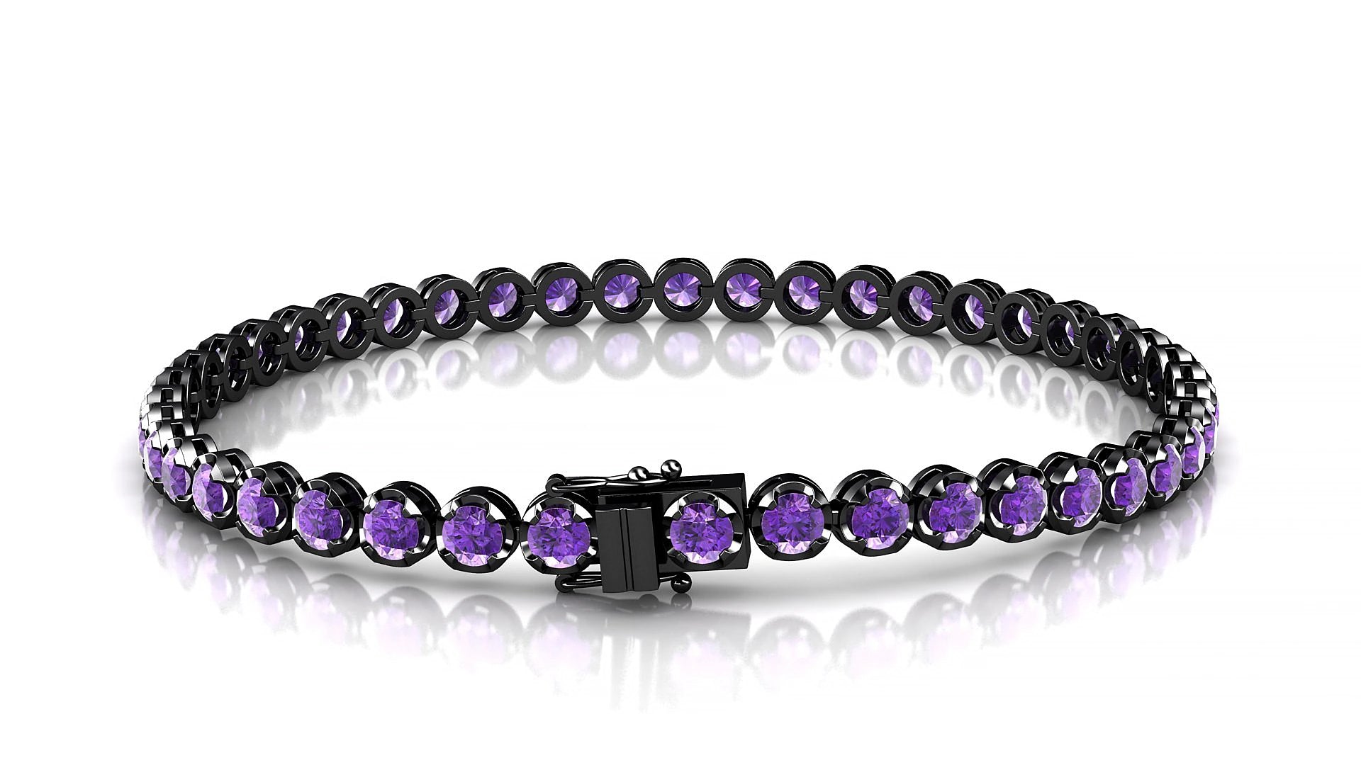 Bengal | 18k Black Gold 3 mm Round Natural Amethyst 16 cm Tennis Bracelet