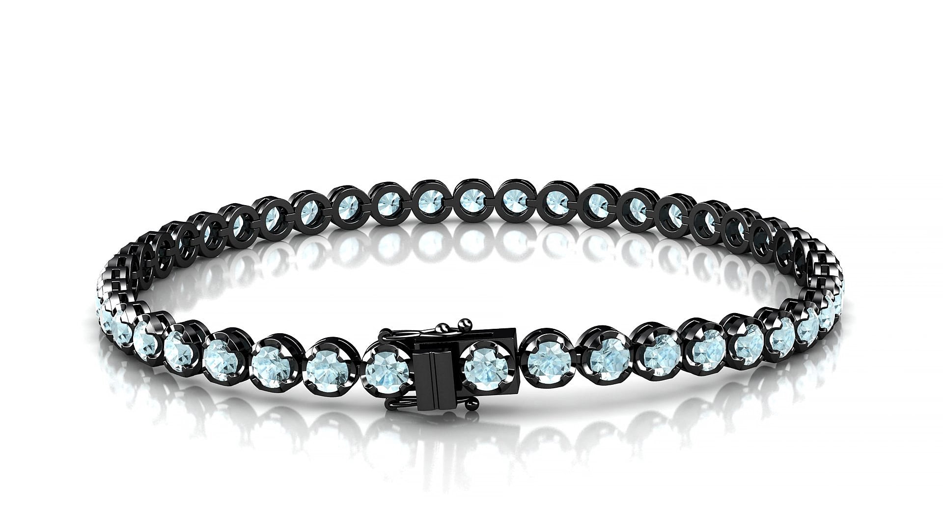 Bengal | 18k Black Gold 3 mm Round Natural Aquamarine 15 cm Tennis Bracelet
