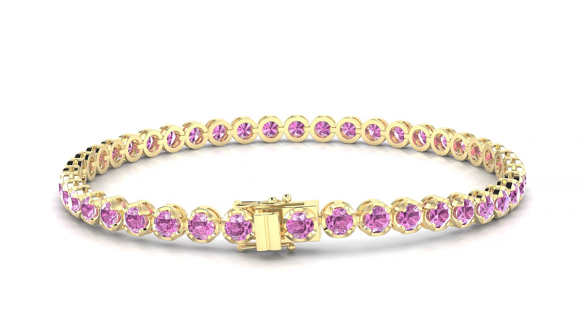Bengal | 18k Yellow Gold 3 mm Round Natural Pink Sapphire 15 cm Tennis Bracelet