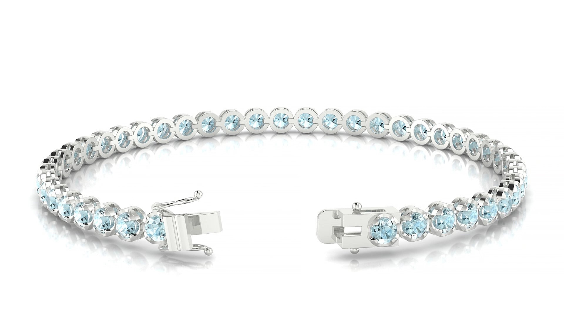 Bengal | 18k White Gold 3 mm Round Natural Aquamarine 15 cm Tennis Bracelet