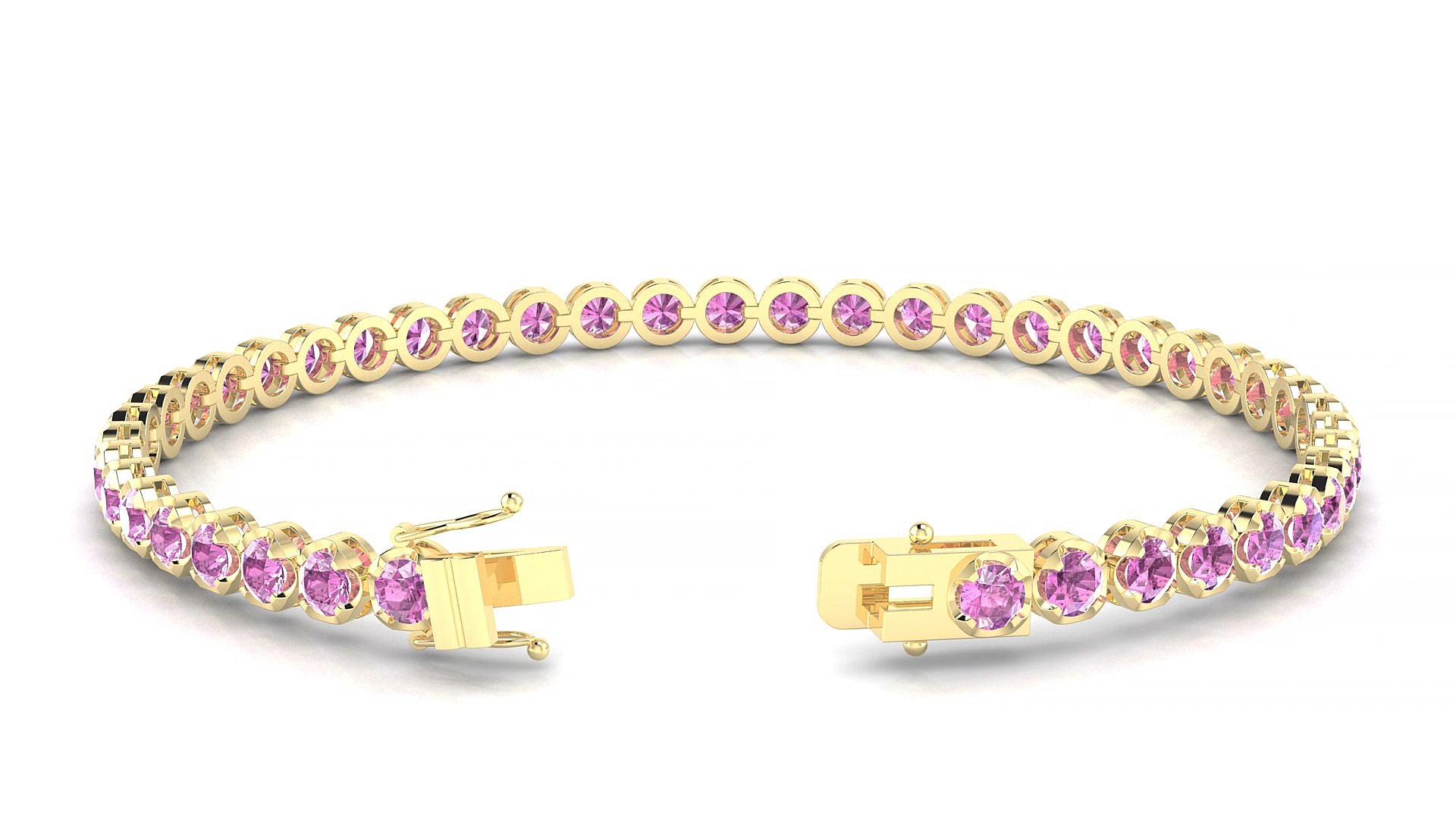 Bengal | 18k Yellow Gold 3 mm Round Natural Pink Sapphire 16 cm Tennis Bracelet