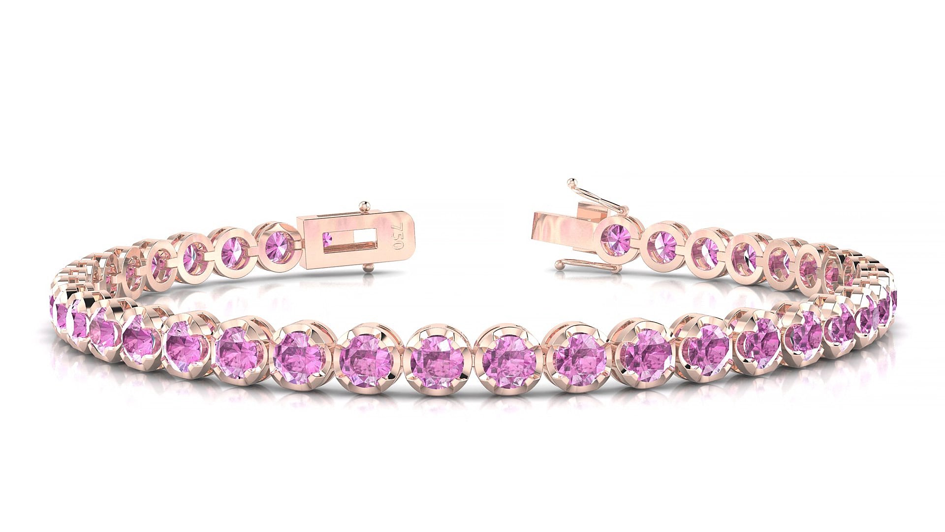 Bengal | 18k Rose Gold 3.4 mm Round Natural Pink Sapphire 15 cm Tennis Bracelet