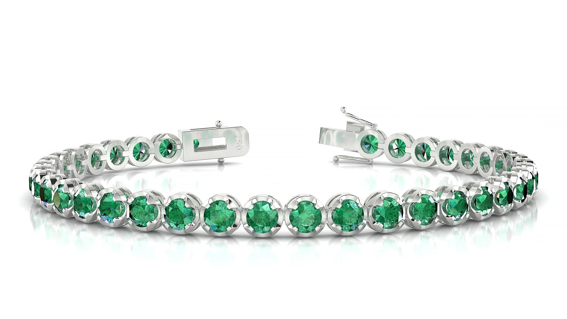 Bengal | 18k White Gold 3.4 mm Round Natural Emerald 20 cm Tennis Bracelet
