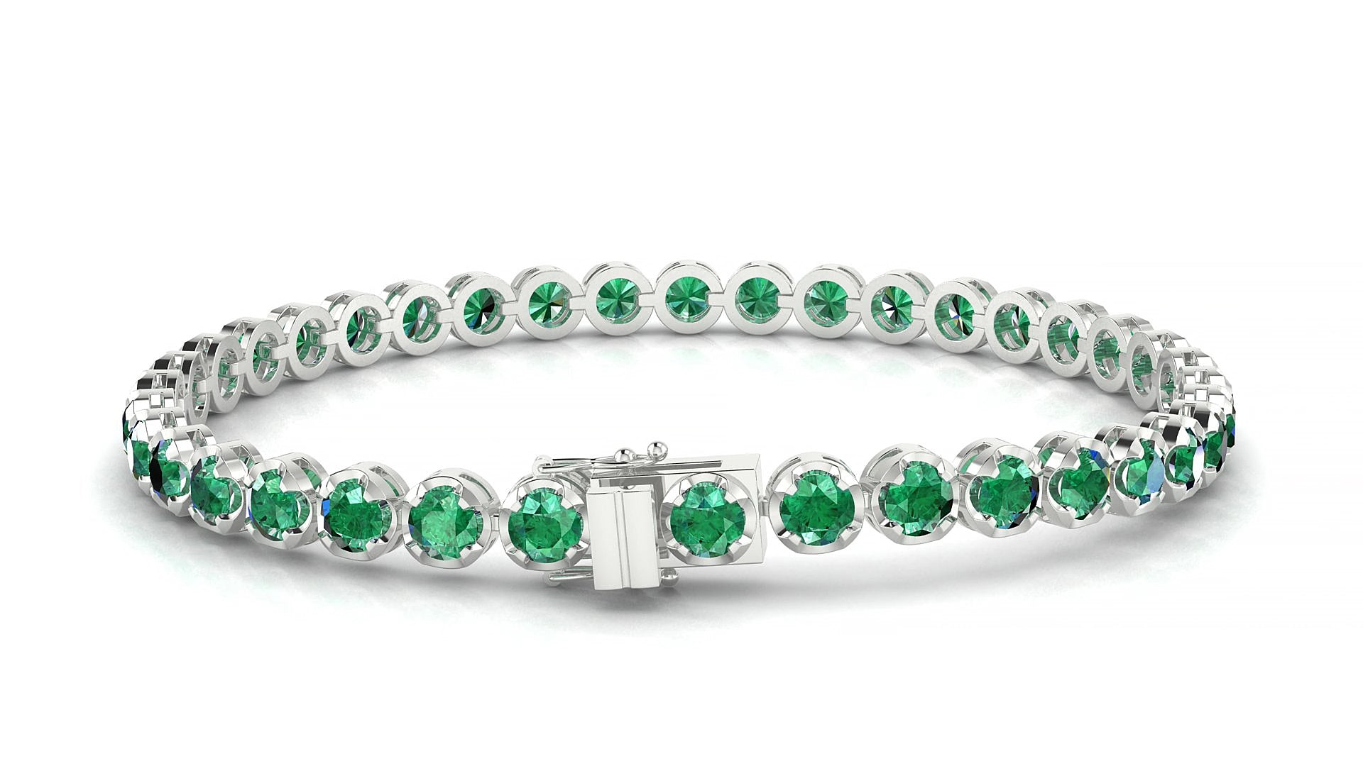 Bengal | 18k White Gold 3.4 mm Round Natural Emerald 15 cm Tennis Bracelet