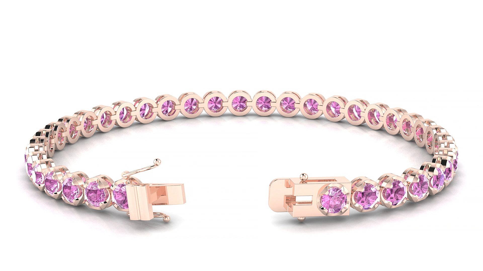 Bengal | 18k Rose Gold 3.4 mm Round Natural Pink Sapphire 15 cm Tennis Bracelet