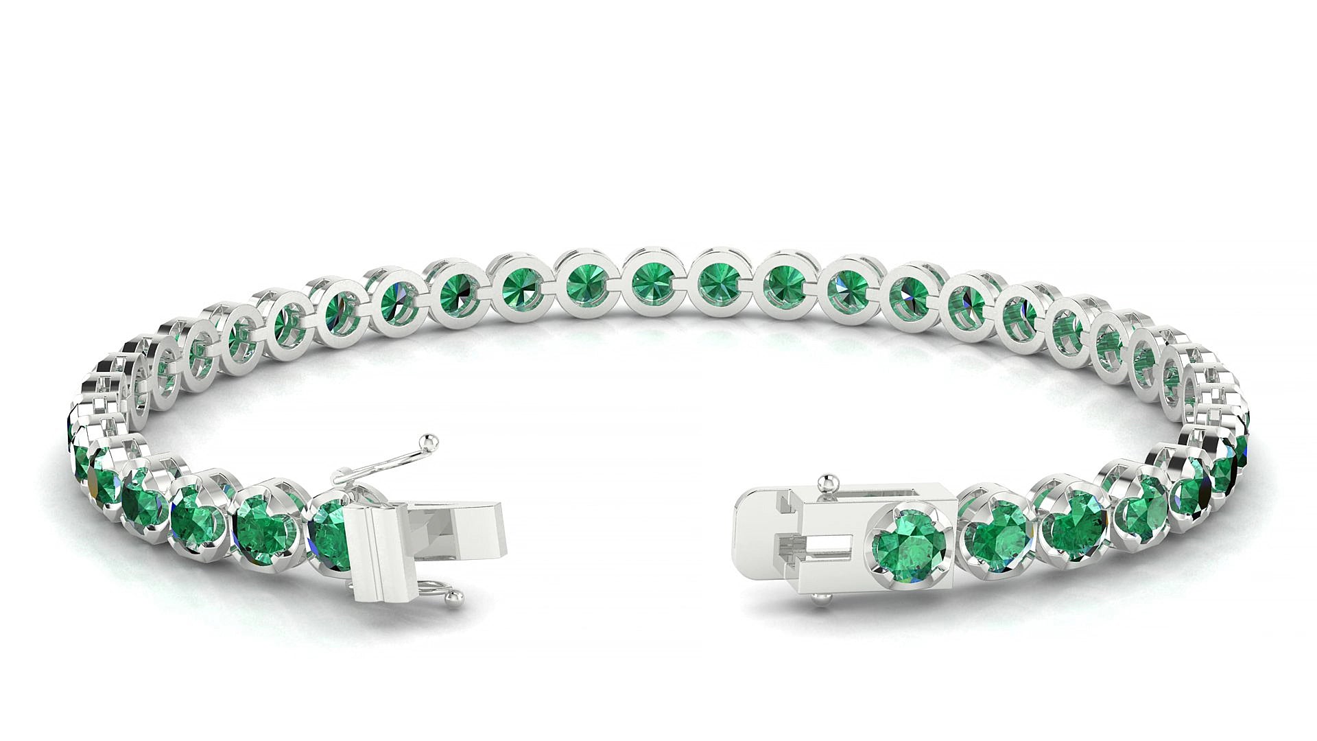 Bengal | 18k White Gold 3.4 mm Round Natural Emerald 15 cm Tennis Bracelet