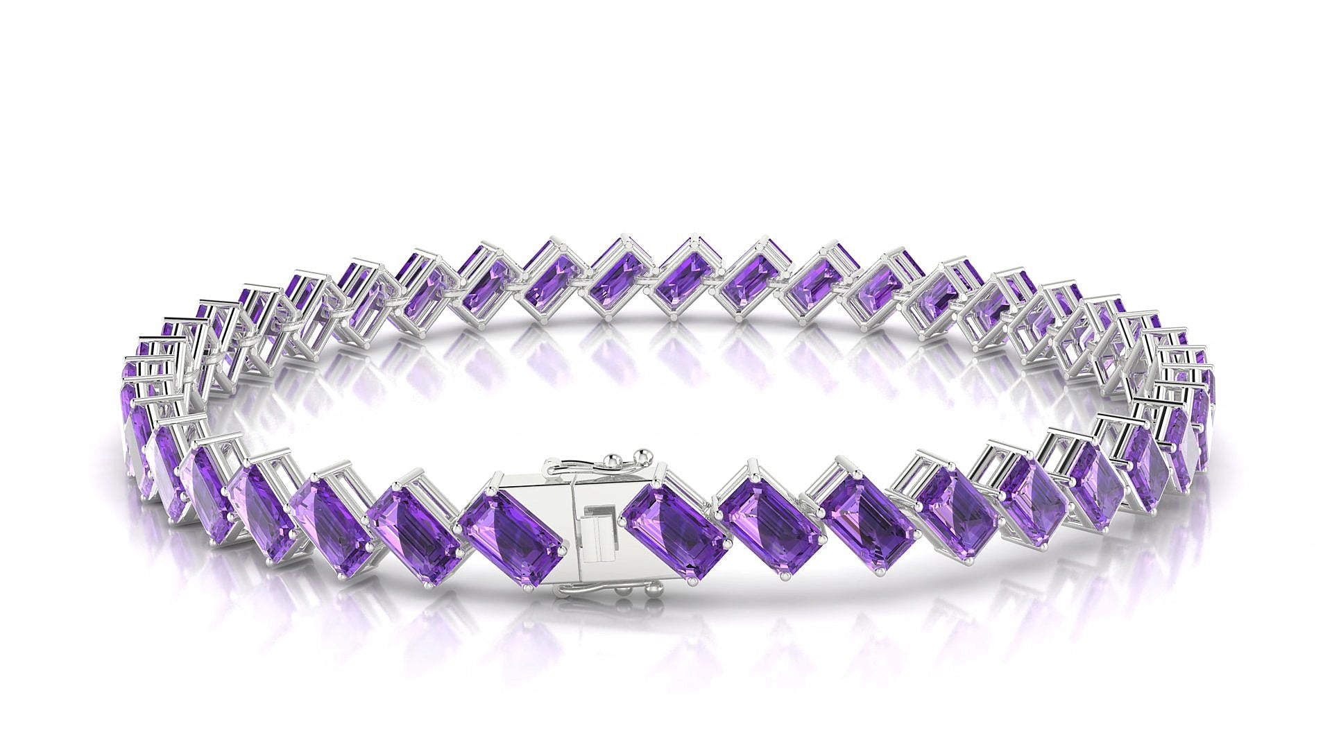 Bogotá | 18k White Gold 5 x 3 mm Emerald Natural Amethyst 19 cm Tennis Bracelet