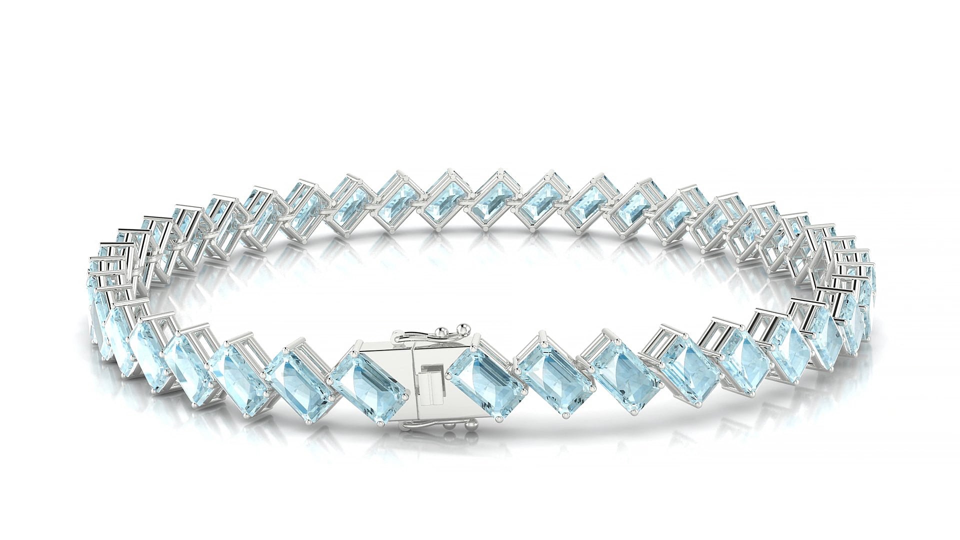 Bogotá | 18k White Gold 5 x 3 mm Emerald Natural Aquamarine 17 cm Tennis Bracelet