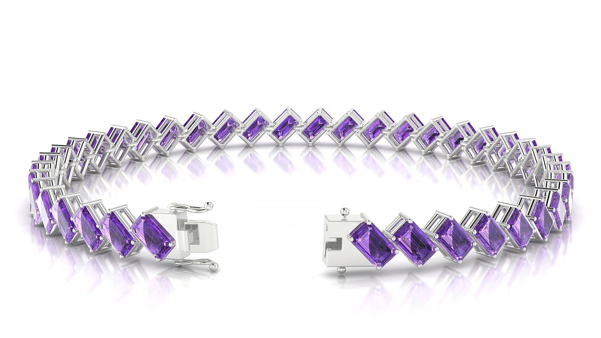 Bogotá | 18k White Gold 5 x 3 mm Emerald Natural Amethyst 19 cm Tennis Bracelet