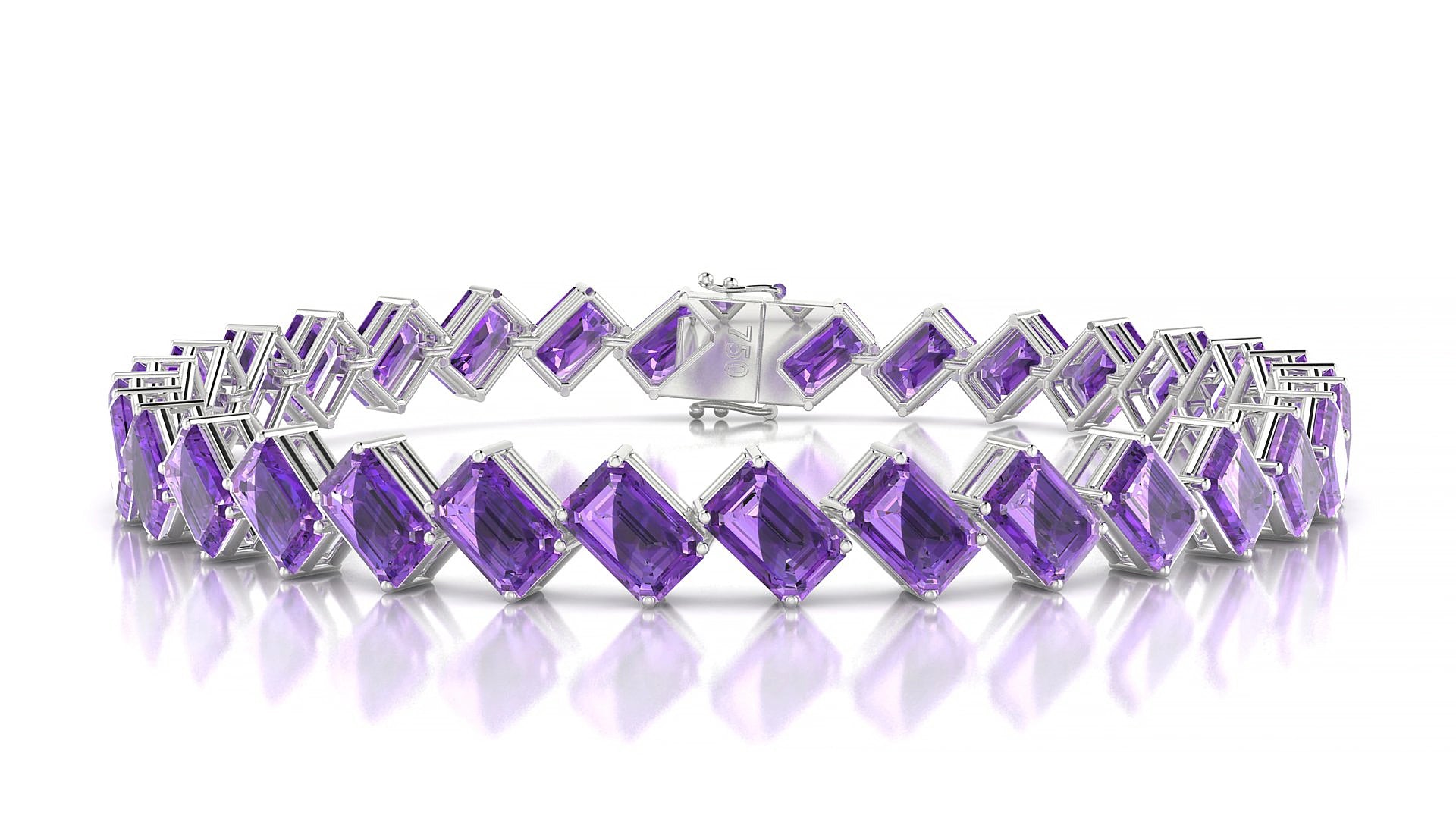 Bogotá | 18k White Gold 6 x 4 mm Emerald Natural Amethyst 20 cm Tennis Bracelet