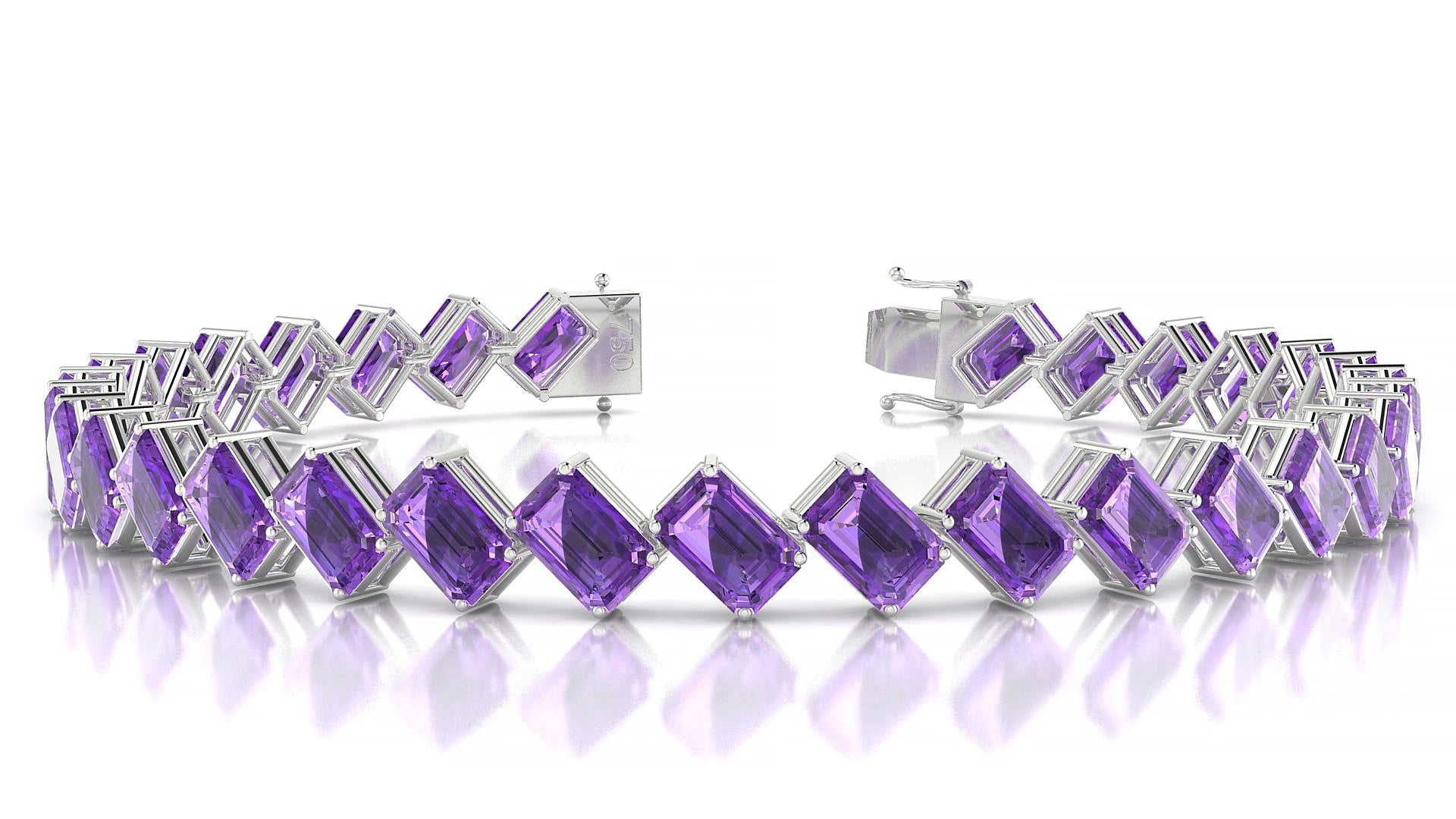 Bogotá | 18k White Gold 6 x 4 mm Emerald Natural Amethyst 18 cm Tennis Bracelet